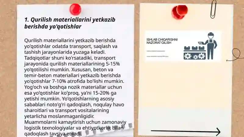 Qurilish ohagi ishlab chiqarishda xom ashyo talofatini hisoblash 3