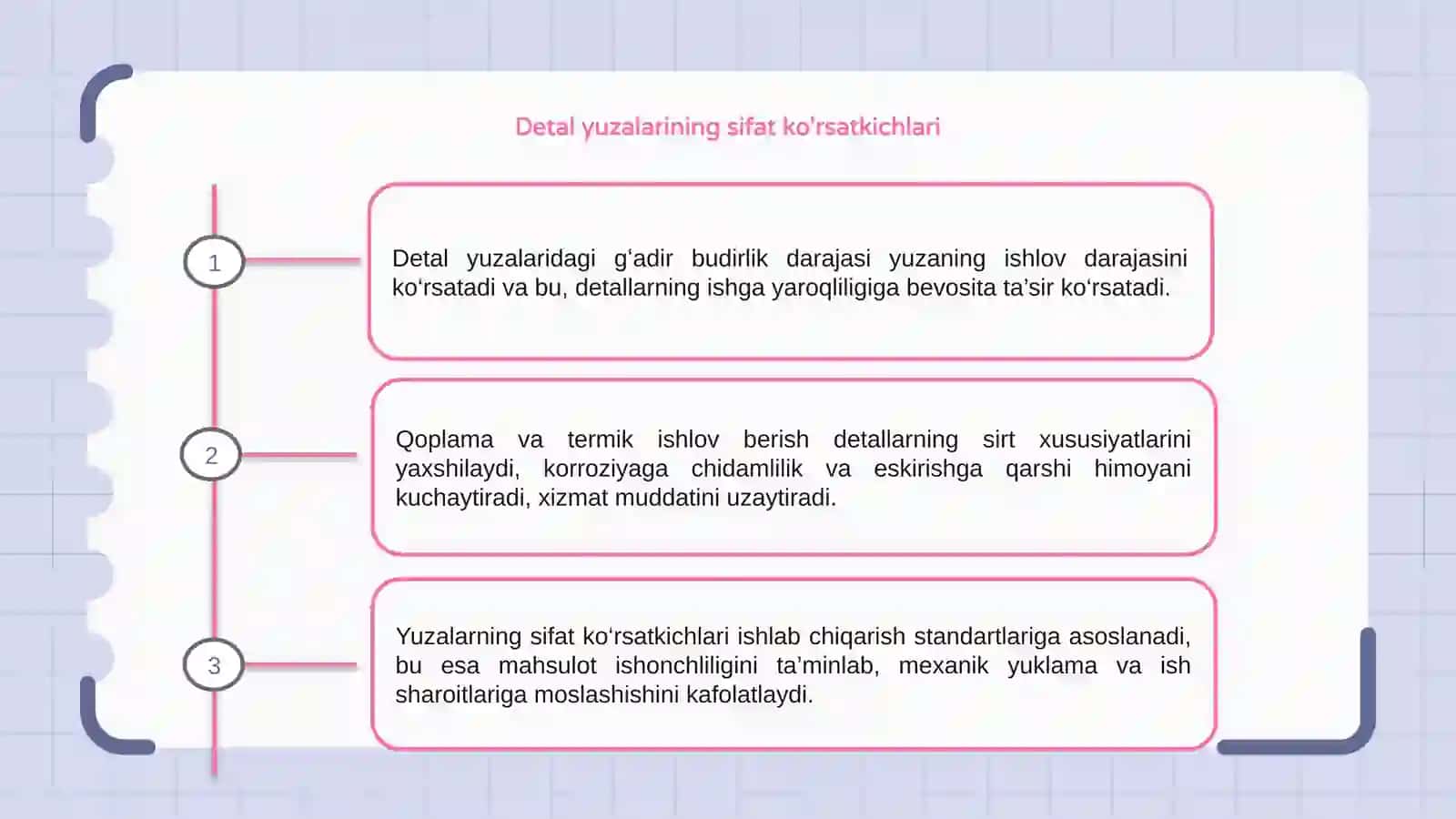 Detal yuzalarida gʻadir budirlik qoplama va termik ishlov belgilari 3