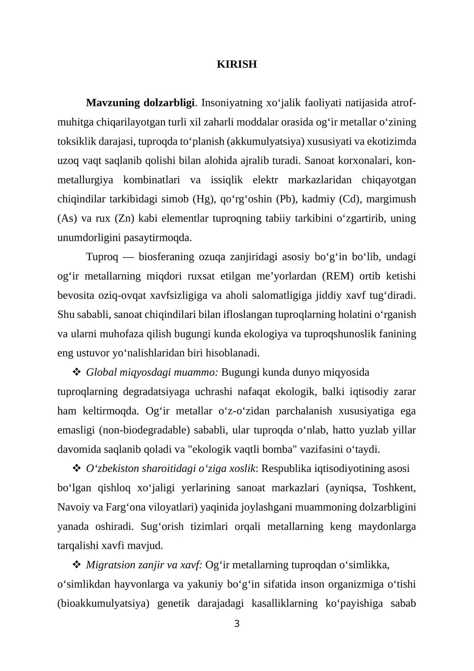 Tuproq qoplamining sanoat chiqindilari tarkibidagi ogʻir metallar bilan ifloslanishi. 3