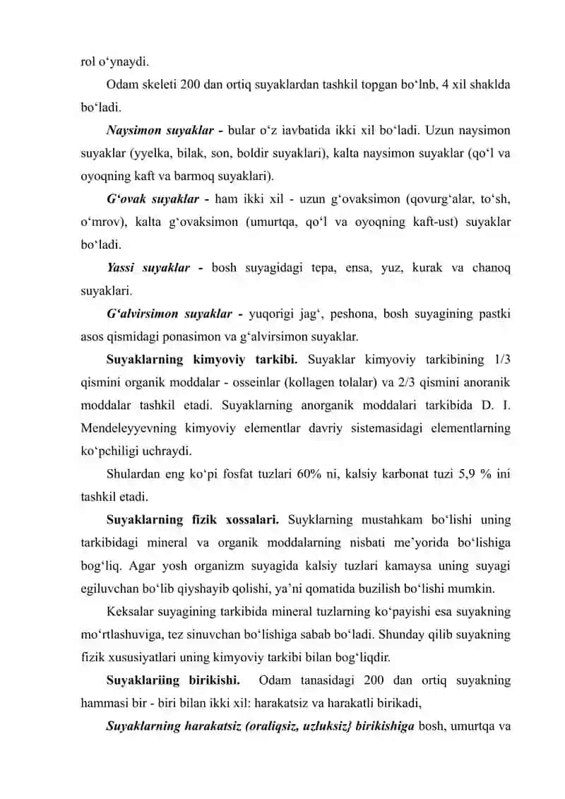 Suyaklarning tuzilishi, shakllari, tarkibi, birikishi 3