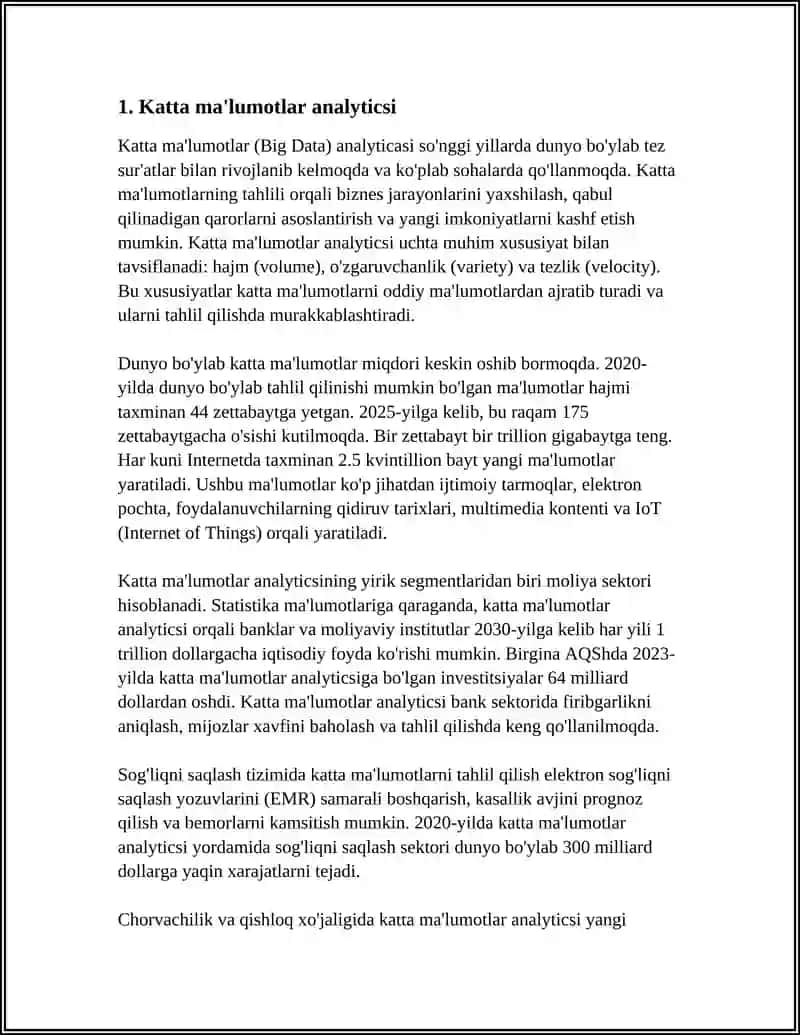 MUSTAQIL ISH Mavzu: KATTA MALUMOTLARNI QAYTA ISHLASH TEXNOLOGIYALARI 3