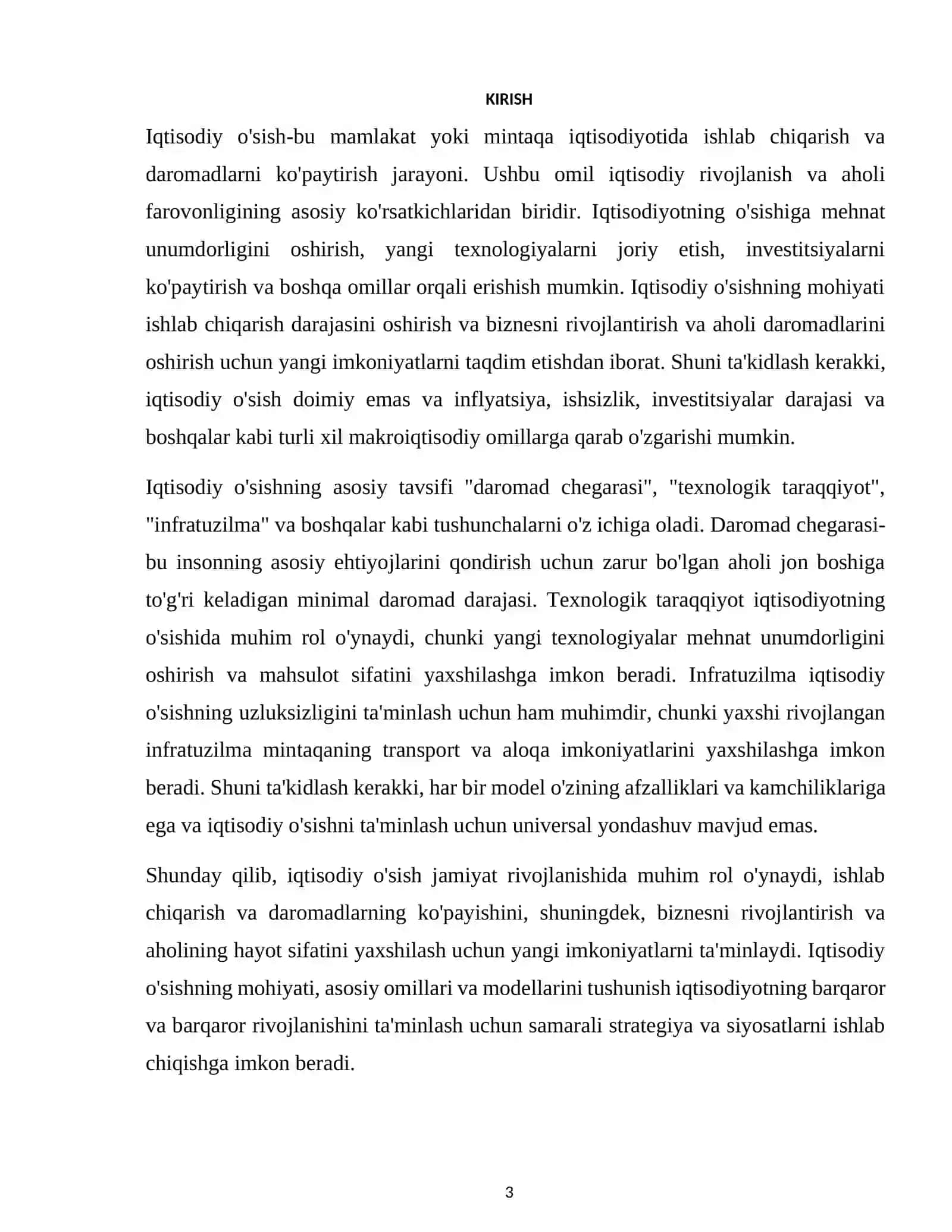 Iqtisodiy o’sishning mohiyati, asosiy tavsifnomasi va modeli. 3
