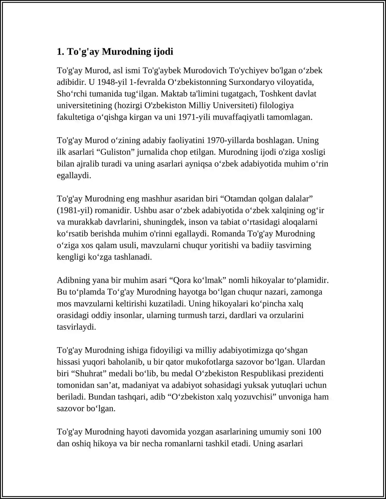 TOĜAY MURODNING OTAMDAN QOLGAN DALALAR ROMANI 3