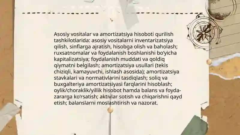 Asosiy vositalar va amortizatsiya hisoboti qurilish tashkilotlarida 3