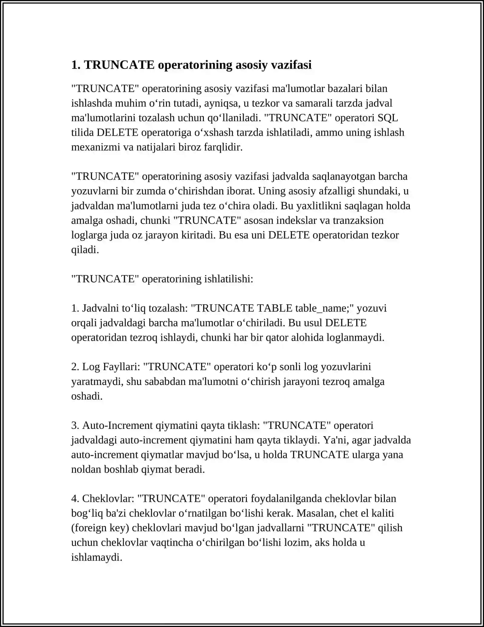 DDL GURUHIDAGI TRUNCATE OPERATORI 3