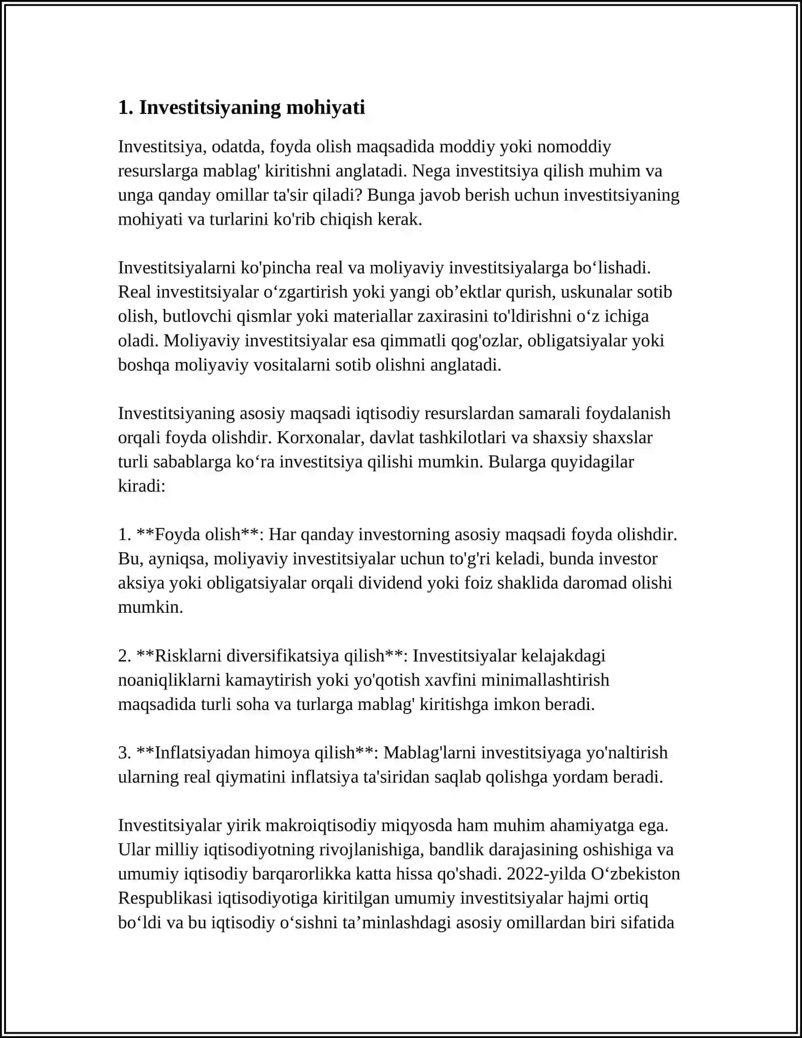 INVESTITSIYANING MOHIYATI, DARAJASI VA VAZIFALARI 3