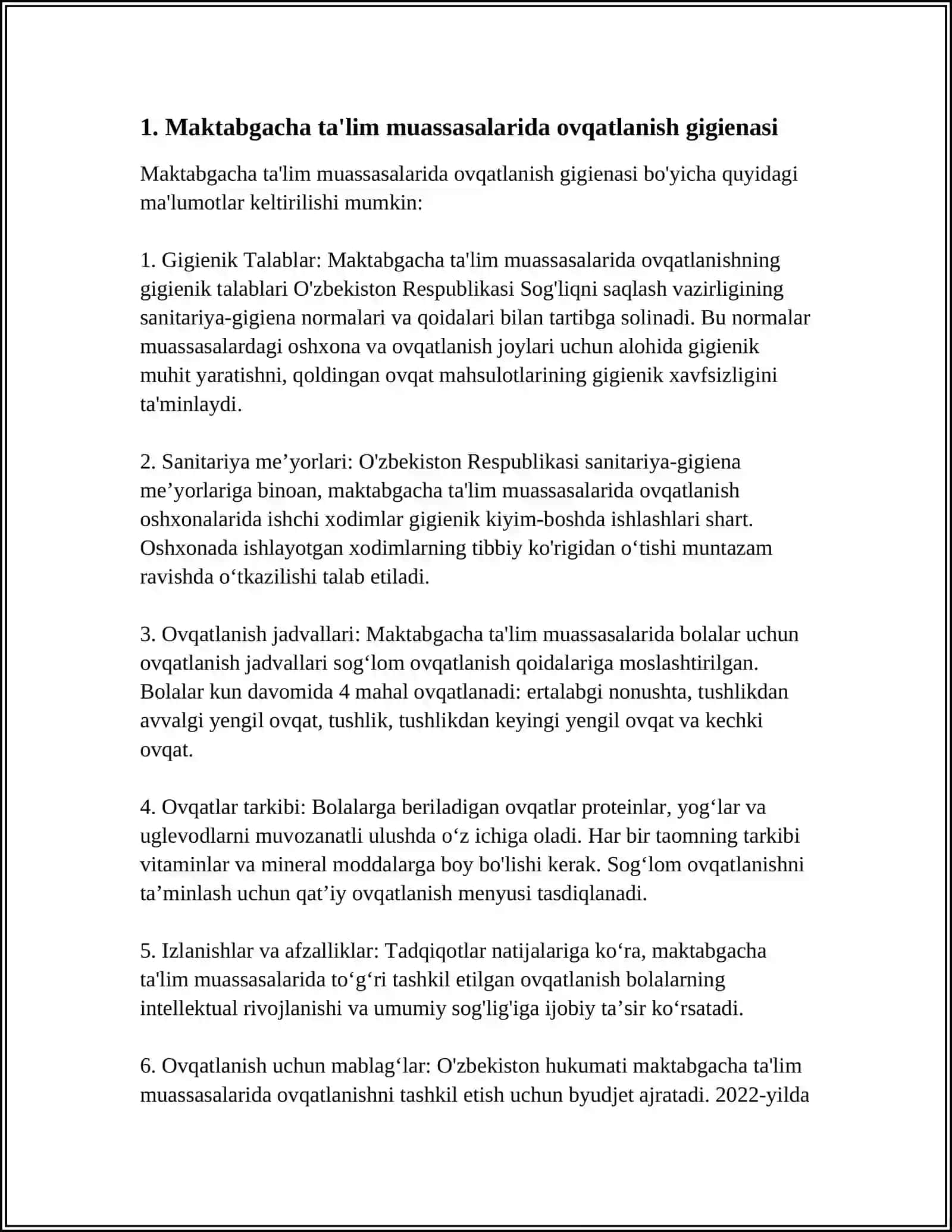 MAKTABGACHA TALIM MUOSSASIDA BOLALARNING KUNLIK OVQAT RATSIONI, TARKIBI, ENERGETIK QIYMATI 3
