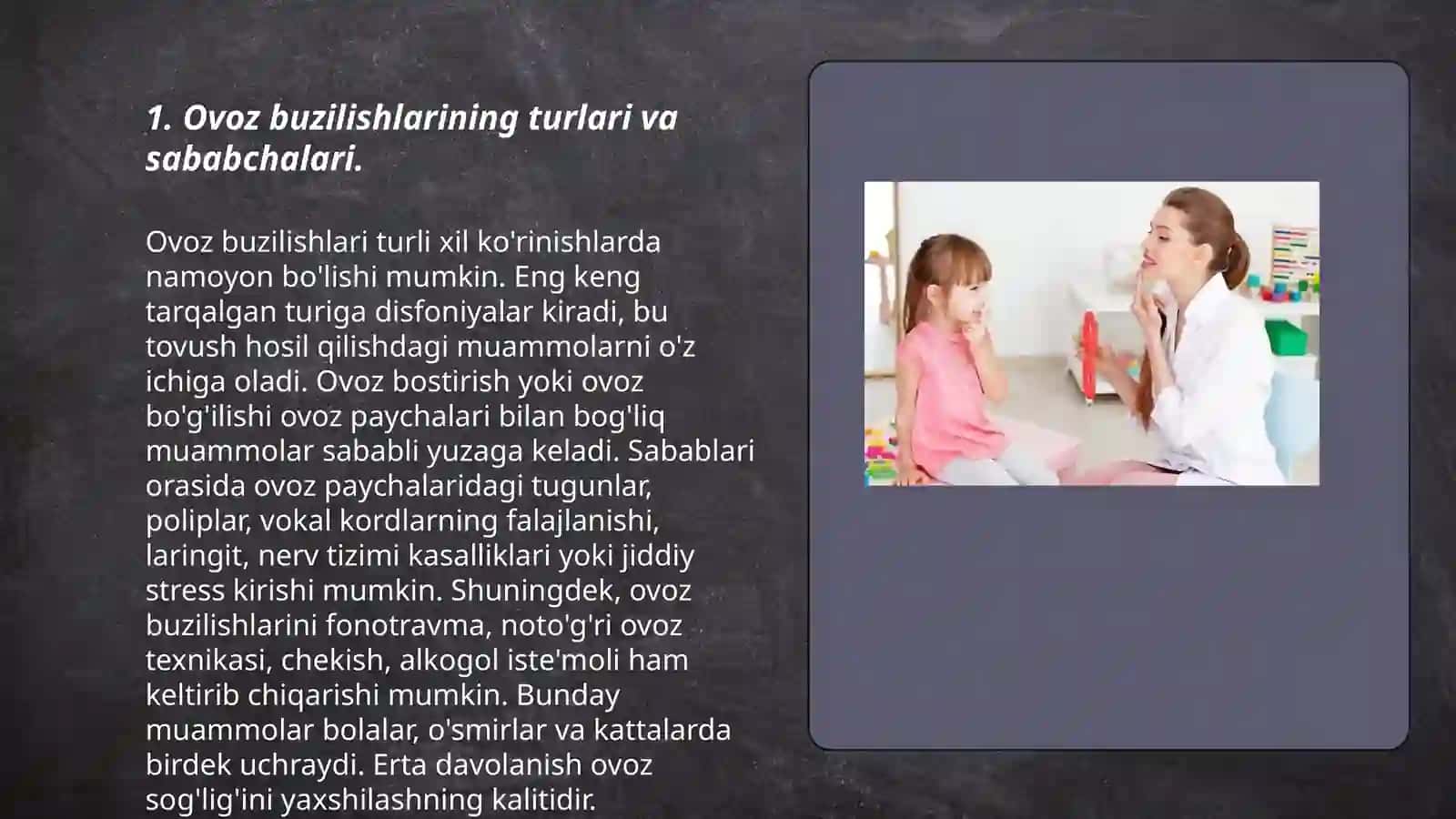Ovoz buzilishlari kamchiliklari bo'lgan bolalarning psixologik xususiyatlari (bilish jarayonlari, xissiy-irodaviy soxasi, shaxslararo munosabati, faoliyati), ularni tekshirish va korreksiyalash 3