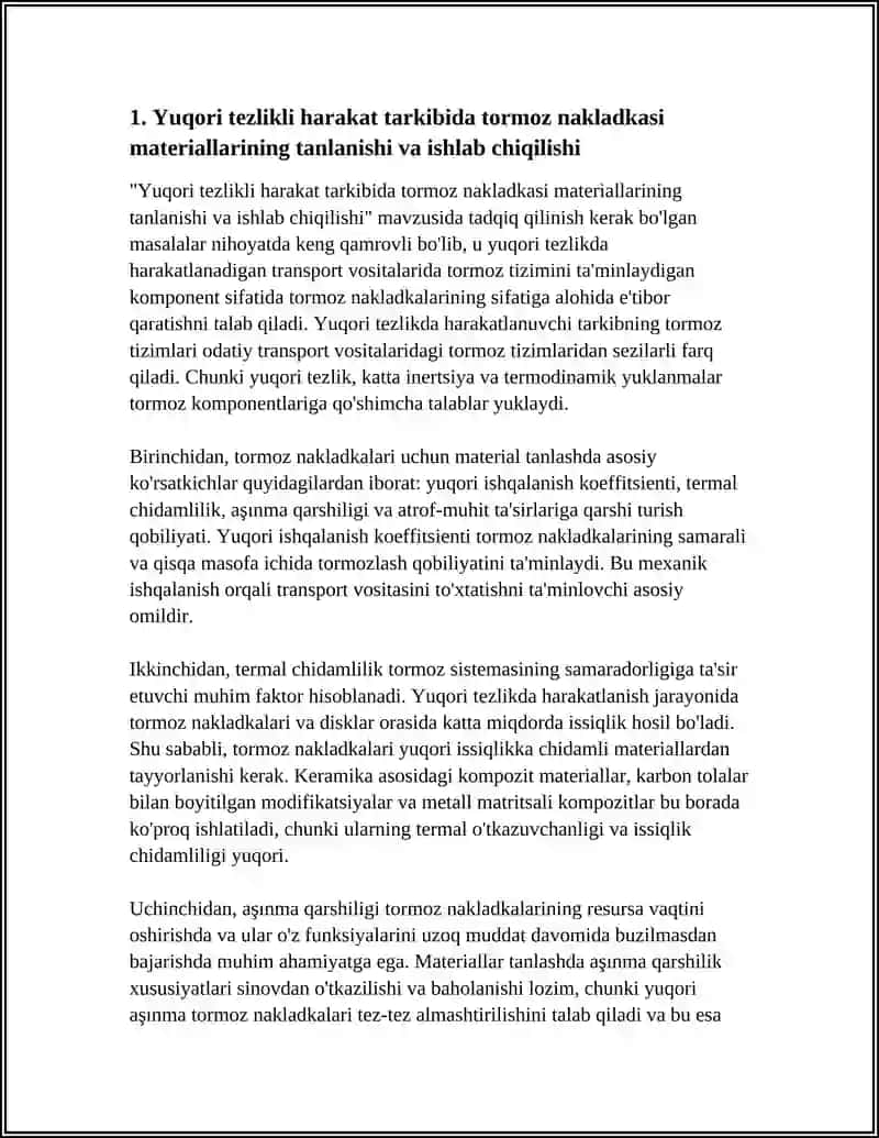 Yuqori tezlikli harakat tarkibida tormoz nakladkasi materiallarining tanlanishi va ishlab chiqilishi 3