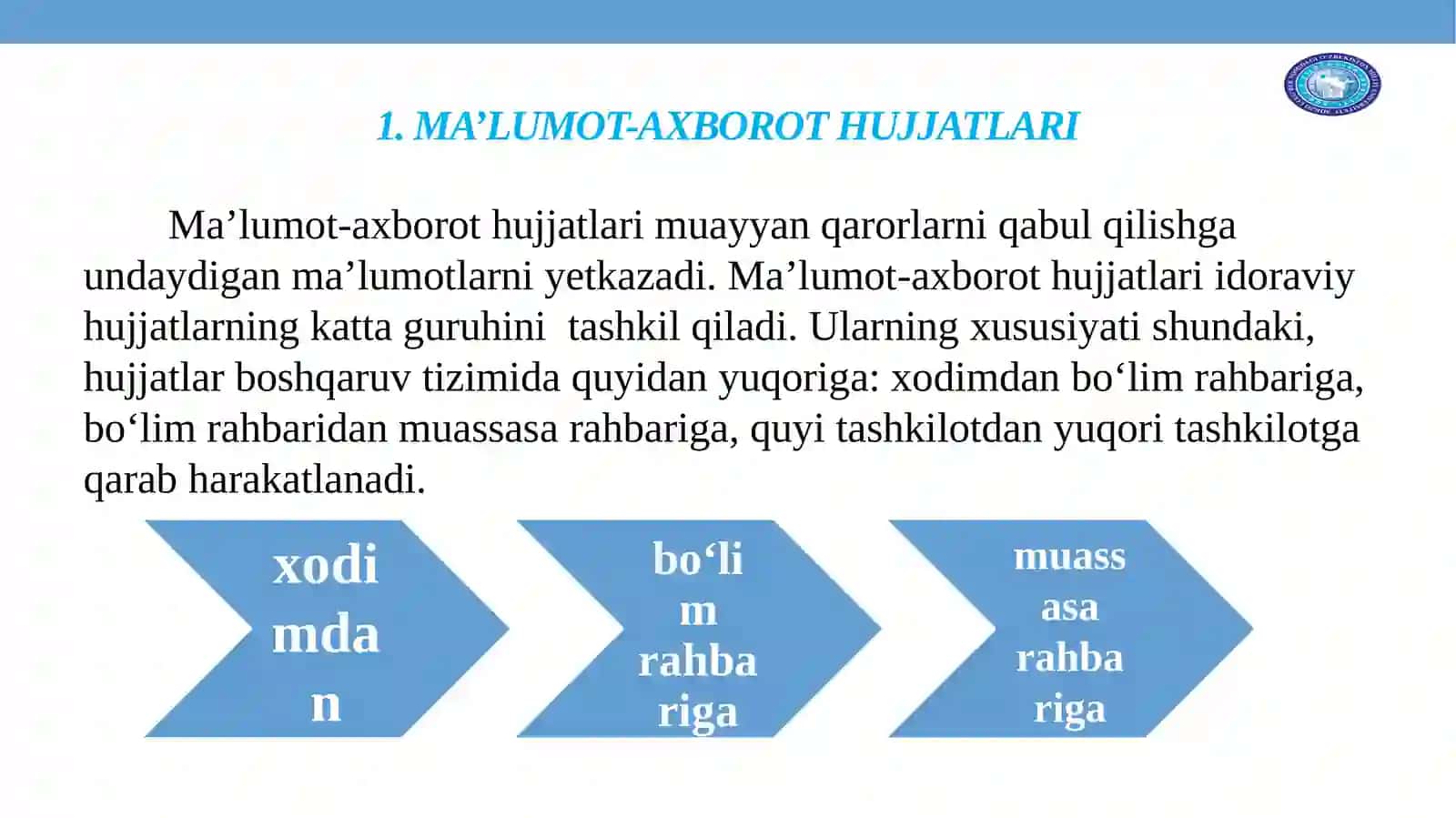 MA’LUMOT-AXBOROT HUJJATLARI. TARJIMAYI HOL. ISHONCHNOMA. TILXAT. TUSHUNTIRISH XATI.DALOLATNOMA. MA’LUMOTNOMA. BILDIRISHNOMA.MA’LUMOT-AXBOROTHUJJATLARINING RASMIYLASHTIRILISHI 3