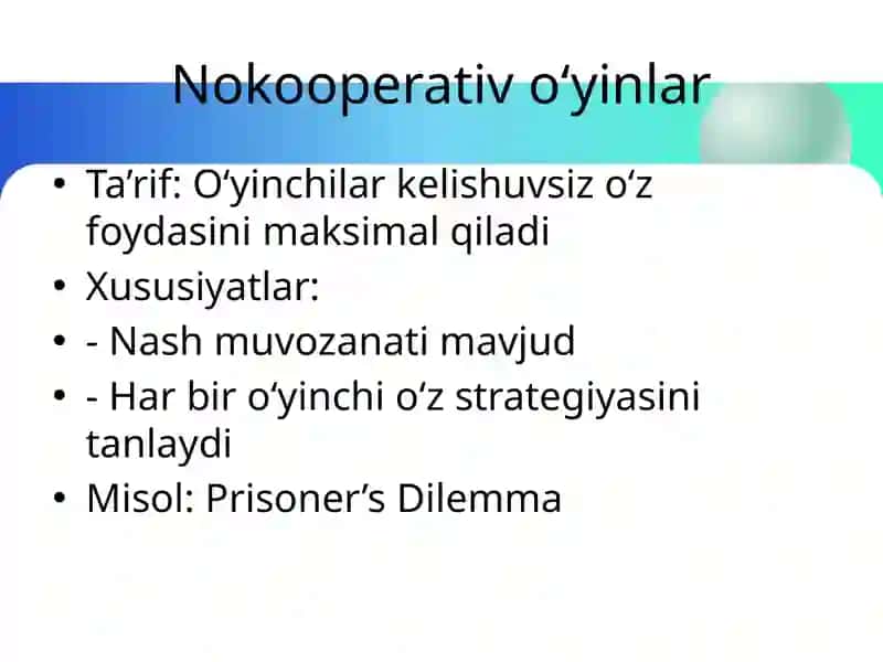 Nokooperativ O‘yinlar va Ularning Tabiiy Evolyutsiyasi 3