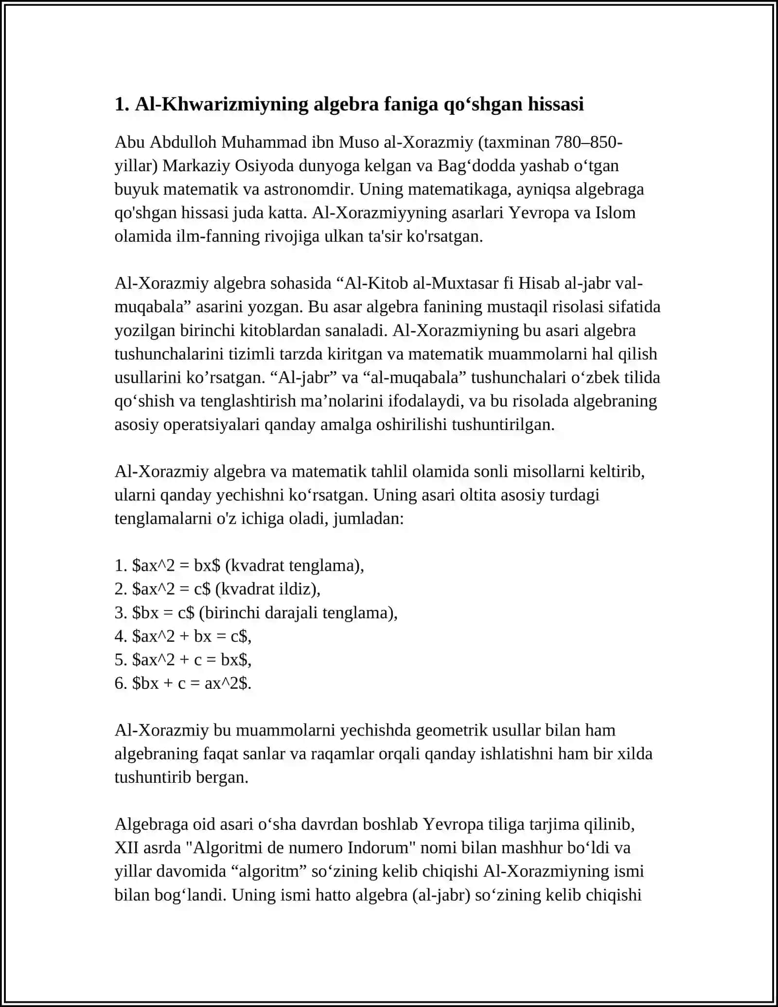 OʻRTA ASR SHARQ ALLOMALARINING MATEMATIKAGA QOʻSHGAN HISSALARI 3
