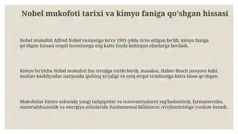 Kimyo sohasida Nobel mukofoti sovrindorlari va yutuqlari 3