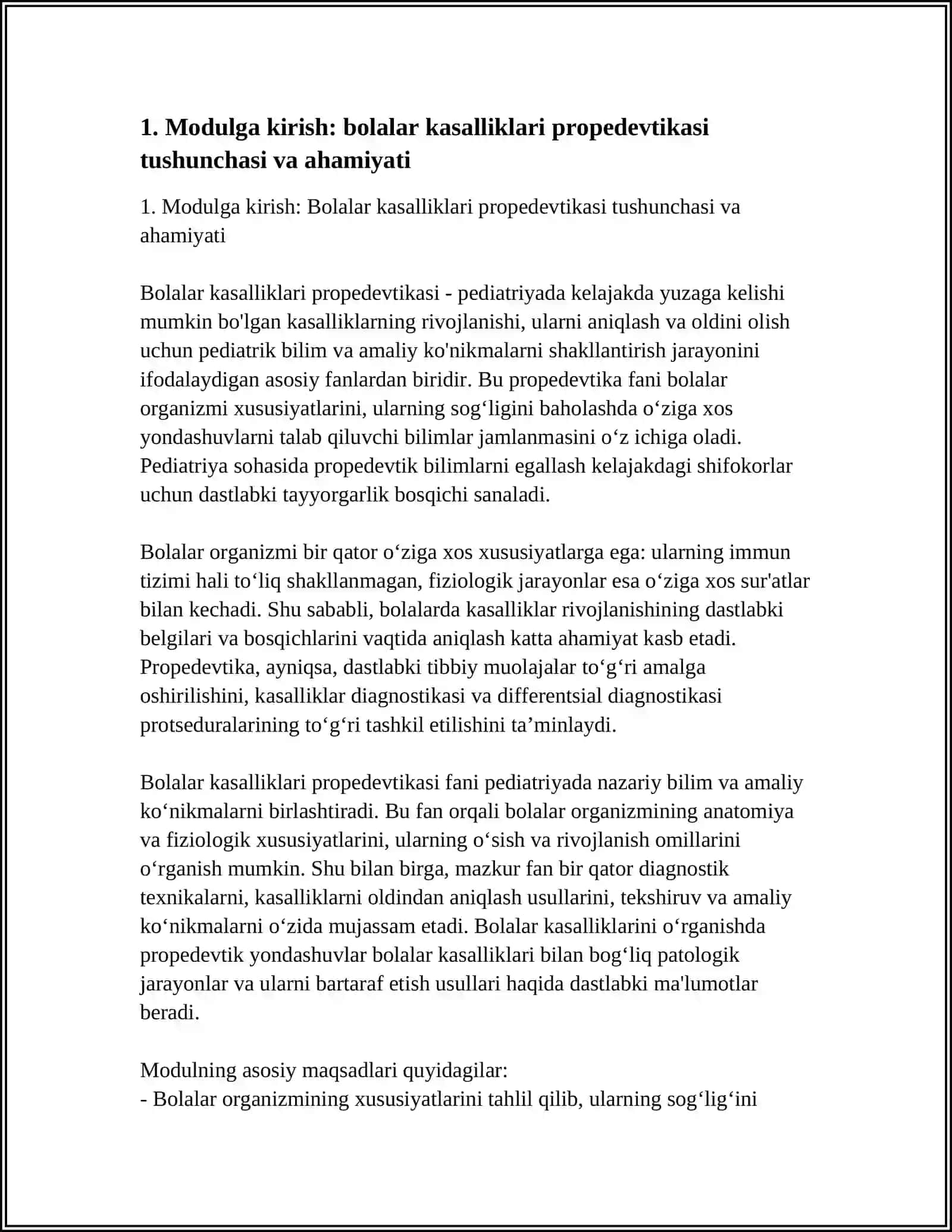 BOLALAR KASALLIKLARI PROPEDEVTIKASI MODULGA KIRISH 3