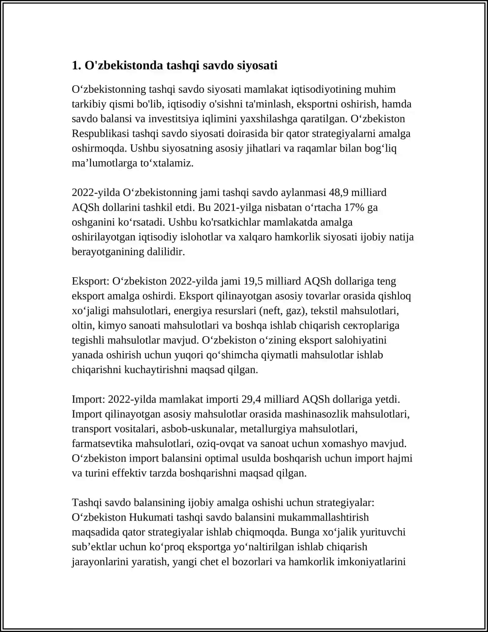 O'ZBEKISTONDA TASHQI SAVDO OPERATSIYALARINI RIVOJLANTIRISH AMALIYOTI 3