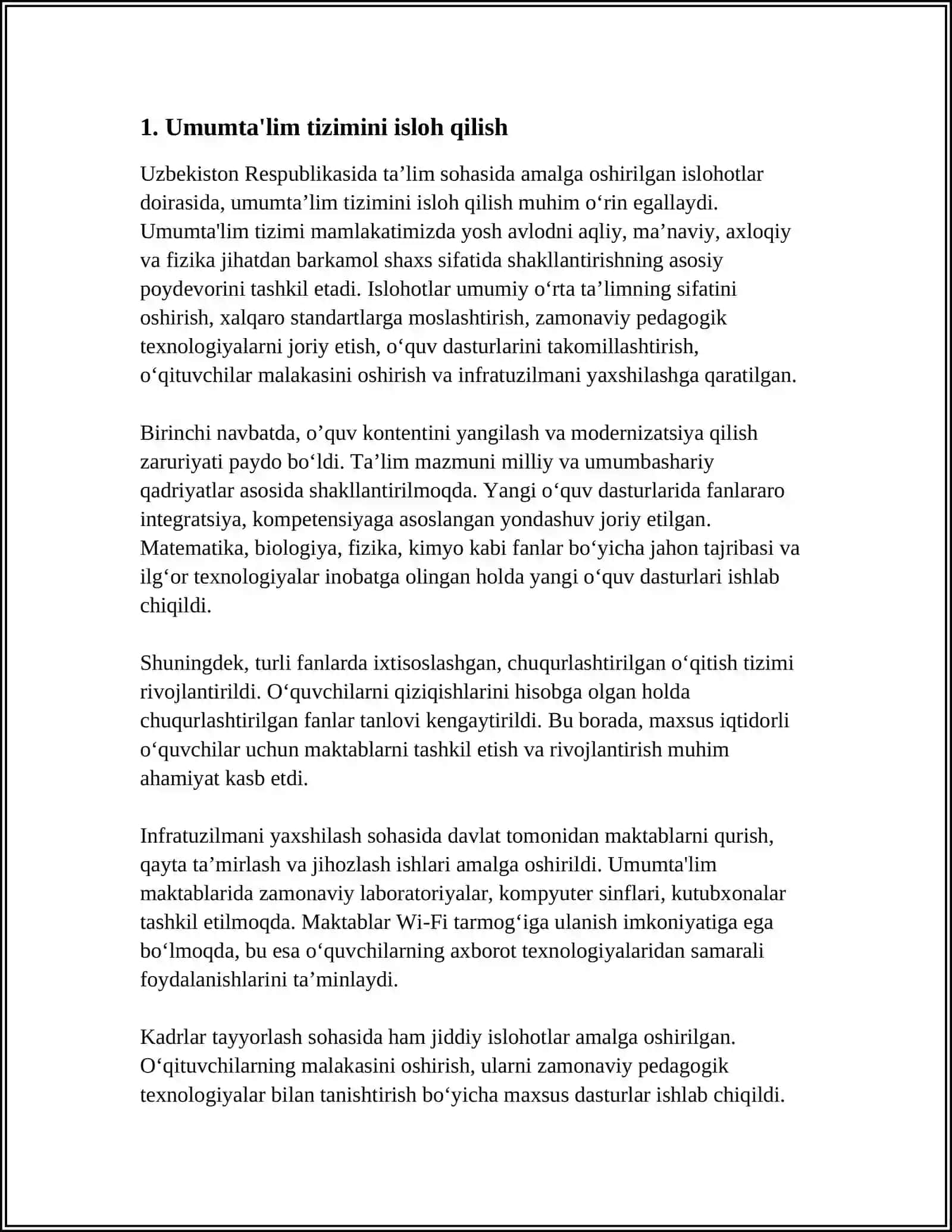 O‘ZBEKISTON RESPUBLIKASIDA TA’LIM SOHASIDA AMALGA OSHIRILGAN ISLOHOTLAR REFERAT 3