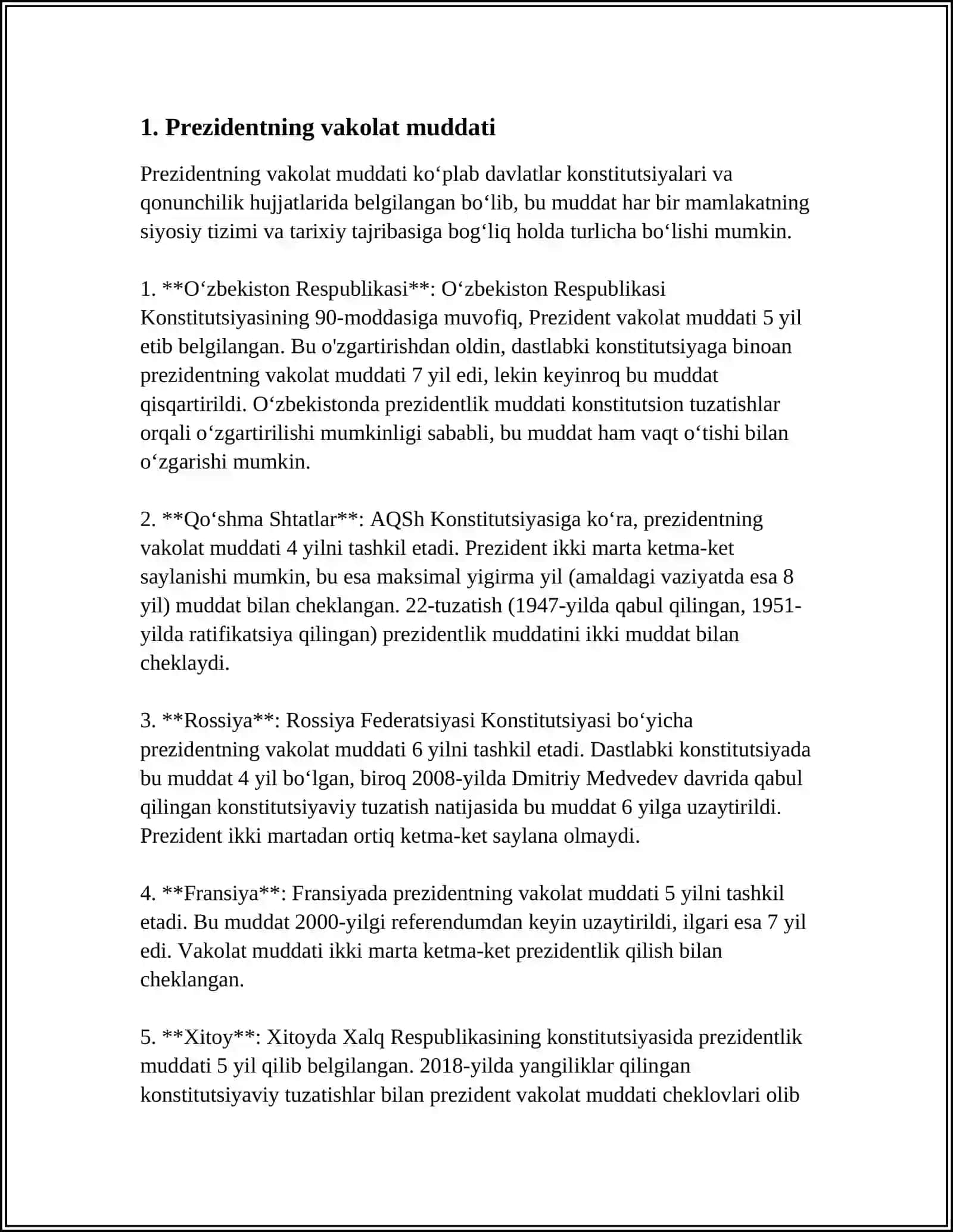 O'ZBEKISON RESPUBLIKASI PREZIDENTINING HUQUQIY HOLATI 3