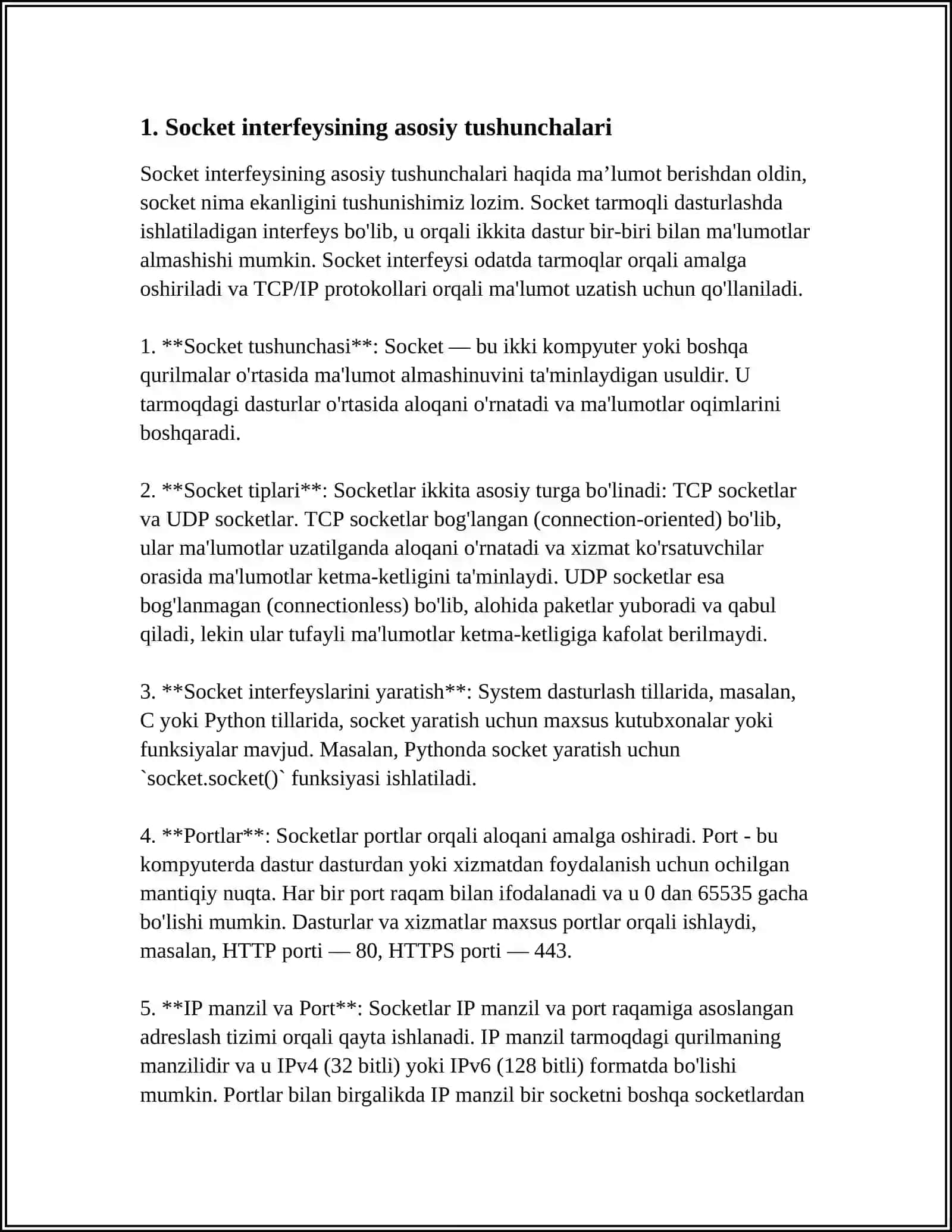 MUSTAQIL ISH Mavzu: SOCKET-INTERFEYS. MA'LUMOT ALMASHISH VAZIFALARI. SOCKET INTERFEYSIDAN FOYDALANISHGA MISOL 3