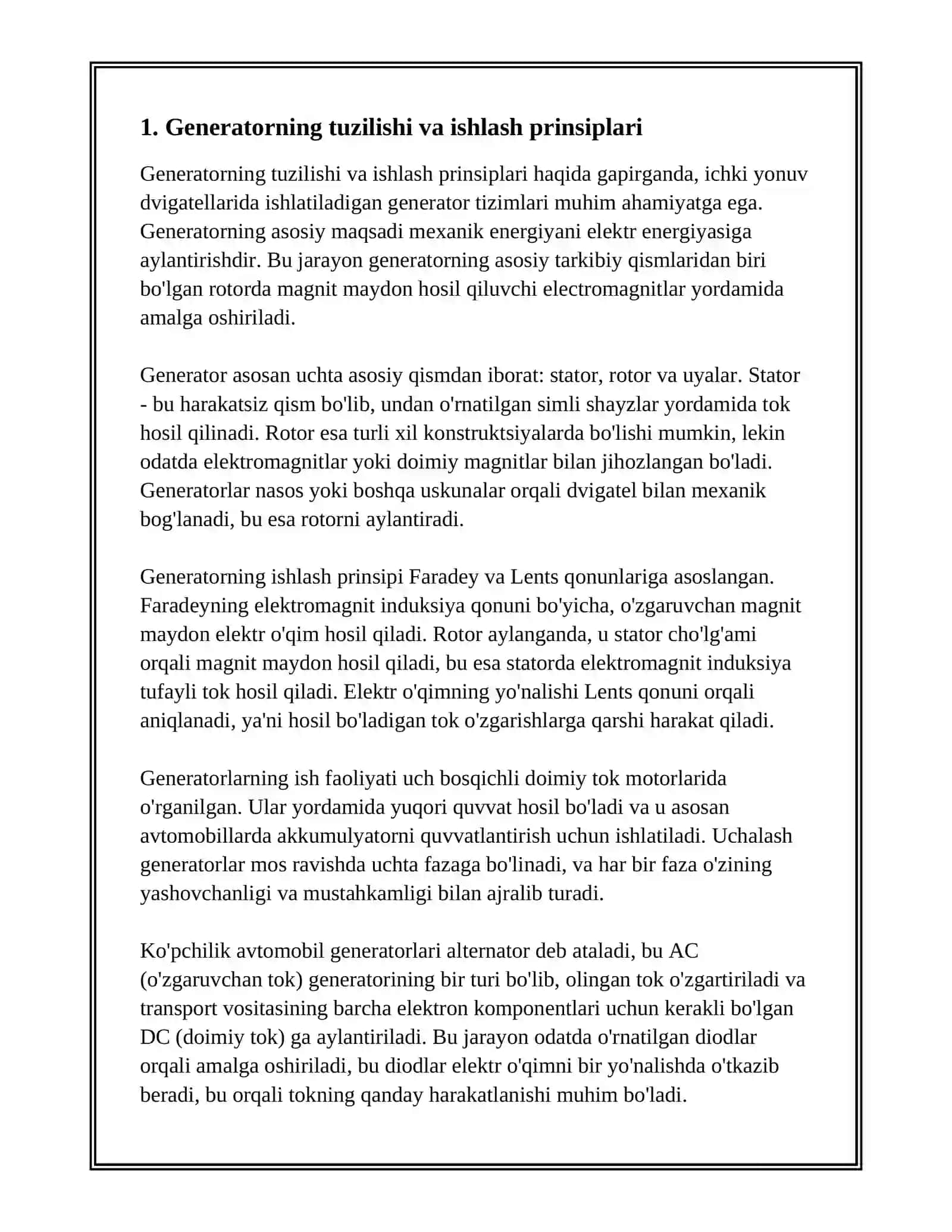 GENERATOR,TOK TOʻGʻRILAGICH, RELESOZLAGICH,STARTER, ELEKTR SIMLARI, OʻLCHOVCHI-NAZORAT YORITISH ASBOBLARI TXK ISHLARI TEXNOLOGIYASI 3