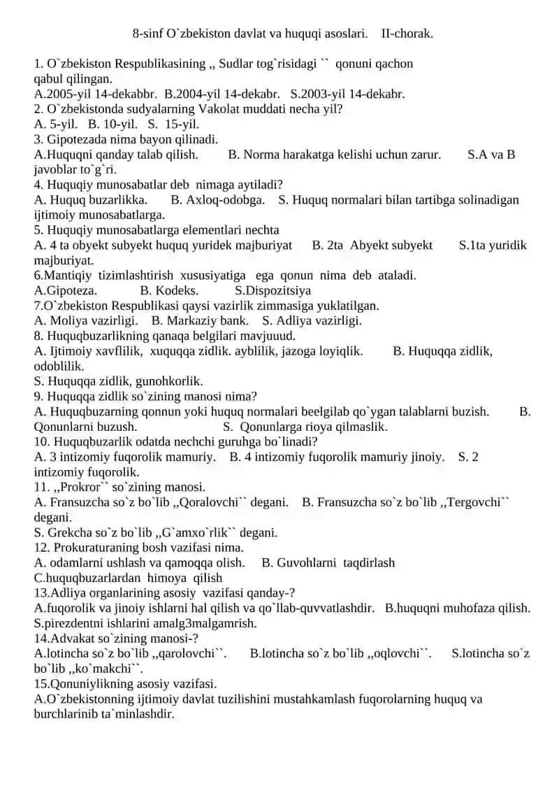 8-sinflar uchun O`zbekiston davlati va huquqi asoslari fanidan test. I-variant 3
