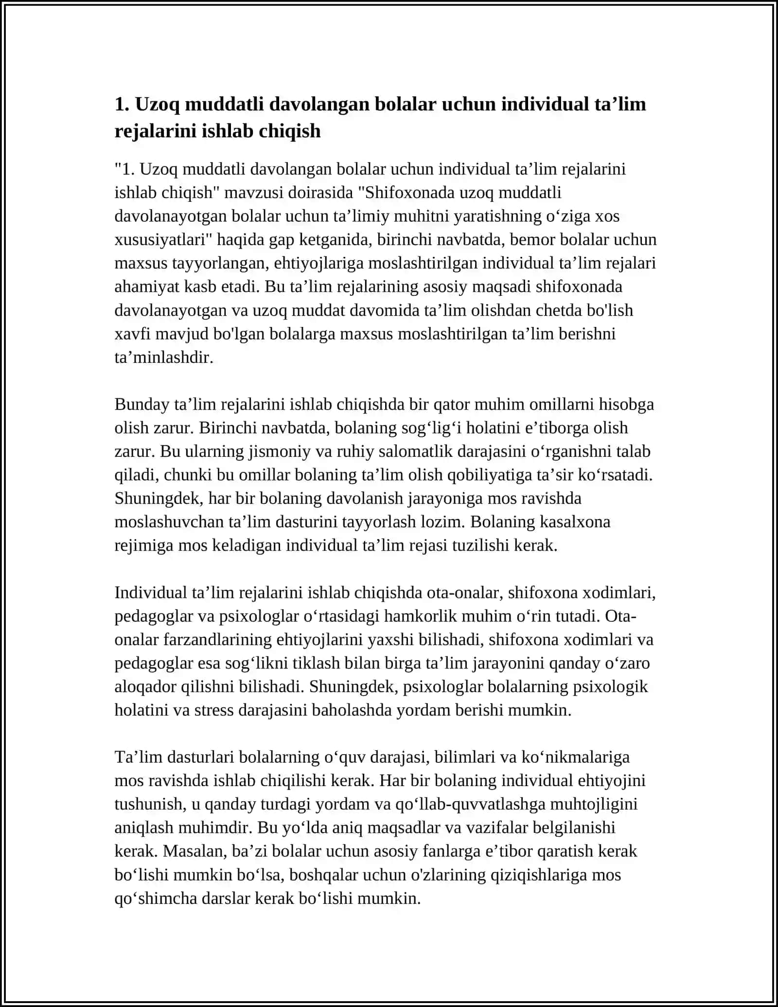 SHIFOXONADA UZOQ MUDDATLI DAVOLANAYOTGAN BOLALAR UCHUN TAʼLIMIY MUHITNI YARATISHNING OʻZIGA XOS XUSUSIYATLARI 3