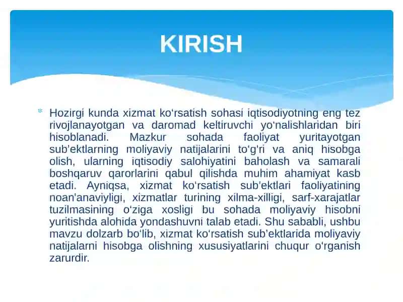Xizmat ko‘rsatish sub’ektlarida moliyaviy natijalar hisobining o‘ziga xos xususiyatlari. 3