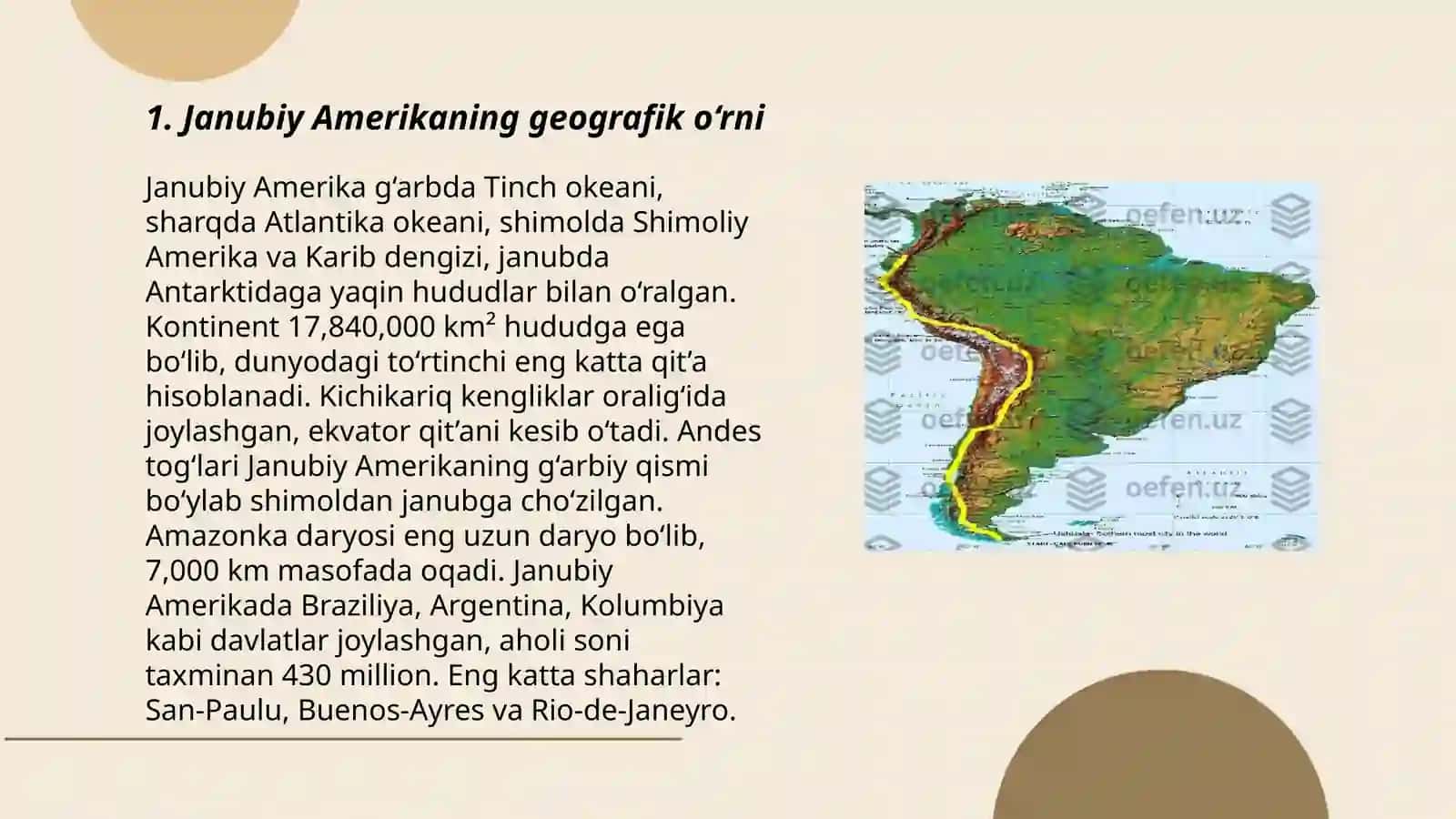 Janubiy Amerika materigi geografik o‘rni, okean qismlari, chekka nuqtalari, tekshirilish tarixi 3