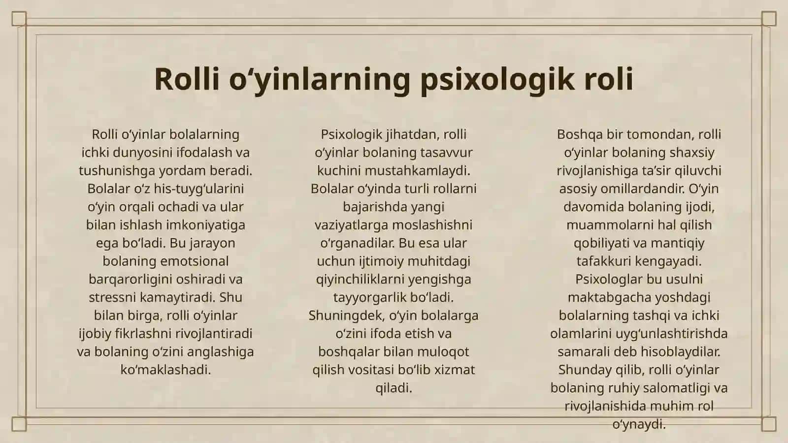 MAKTABGACHA YOSHDAGI BOLALARNING RIVOJLANISHI UCHUN MAVZUNI RIVOJLANTIRUVCHI ROLLI OʻYINLAR 3