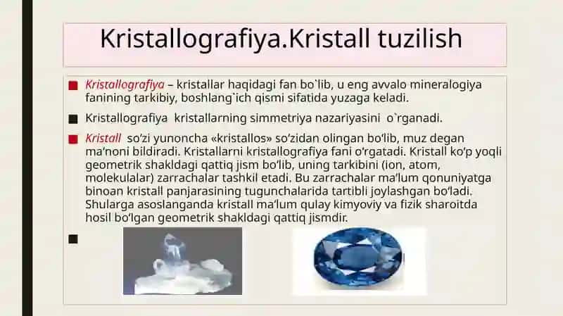Kristallar simmetriyasi. Translatsiya guruhlari, kristall panjarasi. Tekislikda va fazoda simmetriya turlari. Inversiya, translyatsiya va saylanish simmetriyalari. Fazoviy guruhlar. 3