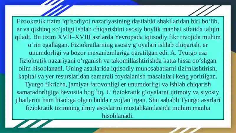 A.Tyurgo asarlarida fiziokratik tizimni rivojlantirilishi 3