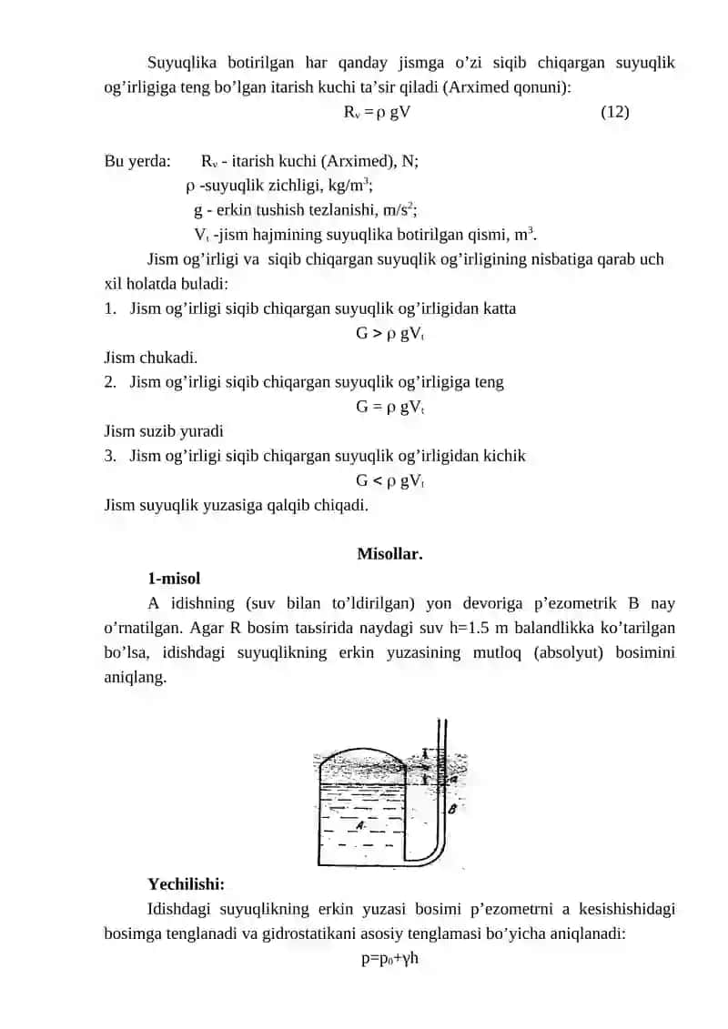 GIDROSTATIKANING ASOSIY TENGLAMASIGA DOIR MASALALAR YECHISH 3