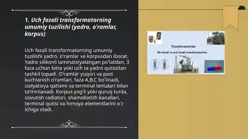 Uch fazali transformatorni tuzilishi, ishlash prinsipi, ularning sxemalari va parallel ishlash shartlari 3
