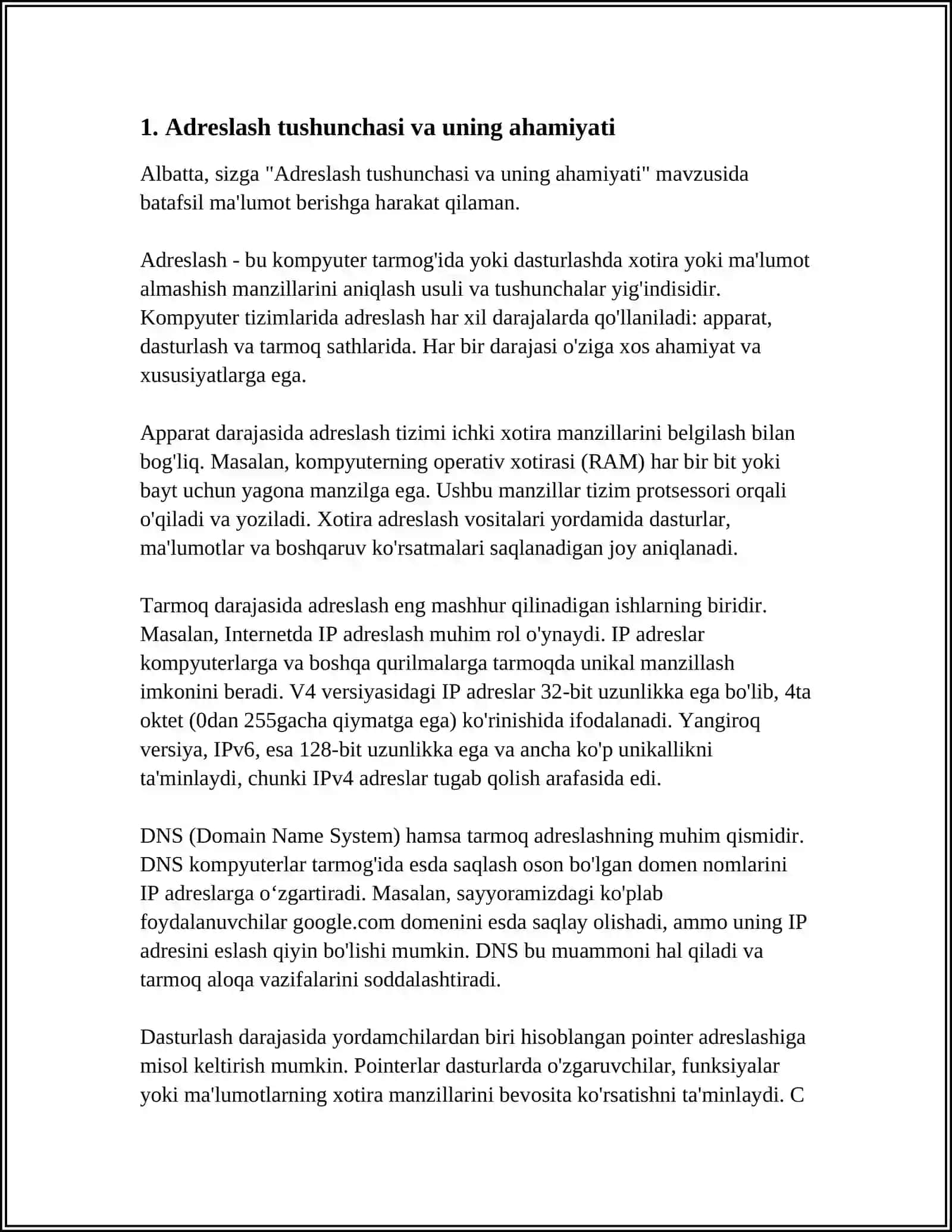 ADRESLASH VA UNING TURLARI. SHIFRATOR VA DESHIFRATORLAR 3