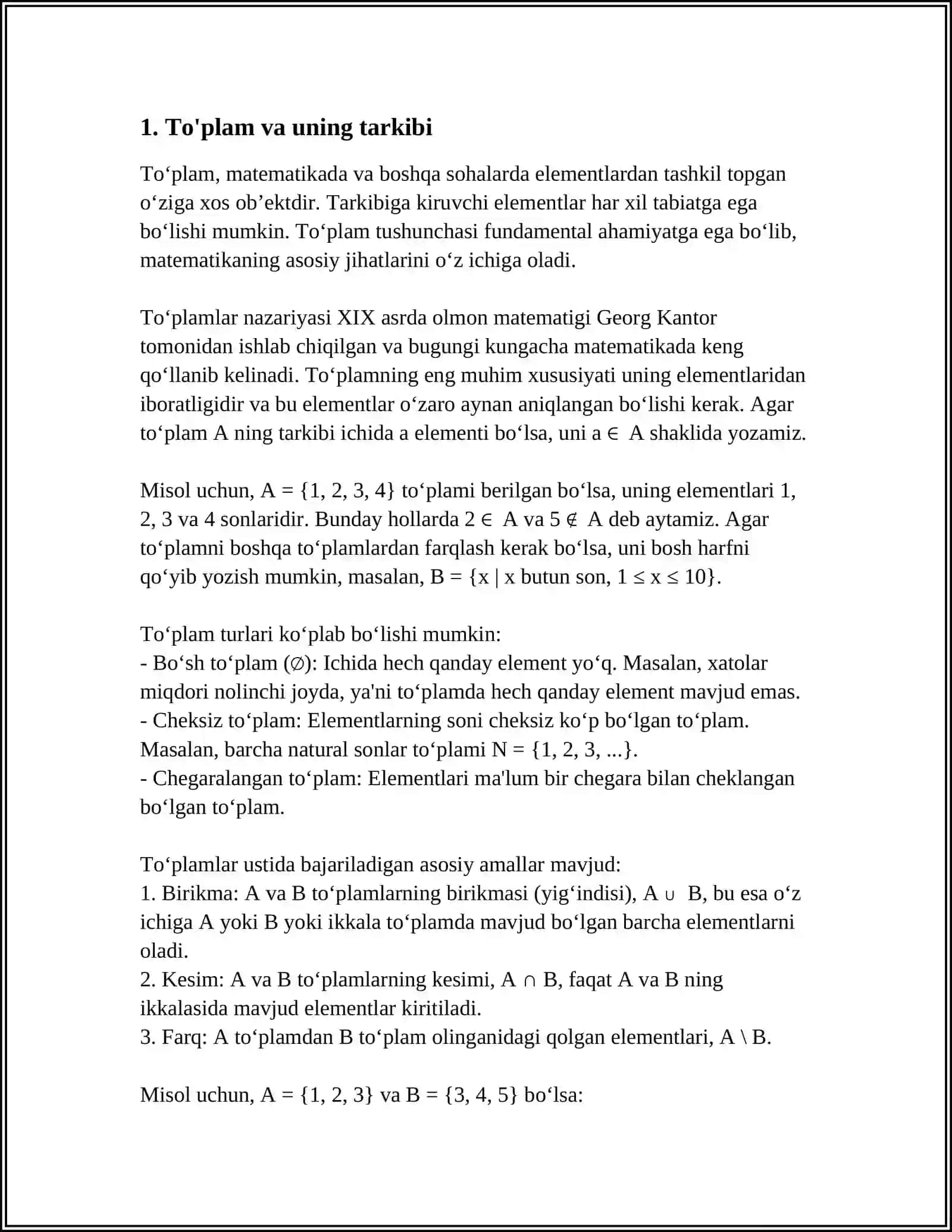 MUSTAQIL ISH Mavzu: TÕPLAMLAR TUSHUNCHASI 3