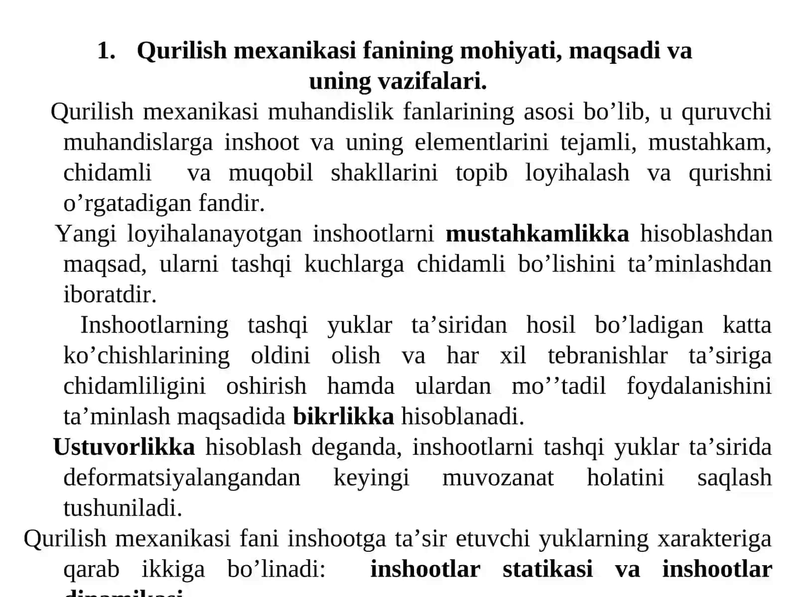 Qurilish mexanikasi faniga kirish. Inshootlar hisoblash sxemalari va ularning turlari. 3