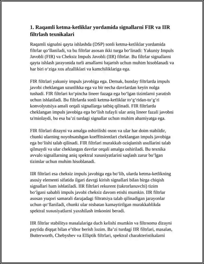 Raqamli ketma-ketliklar yordamida signallarni FIR va IIR filtrlash texnikalari 3