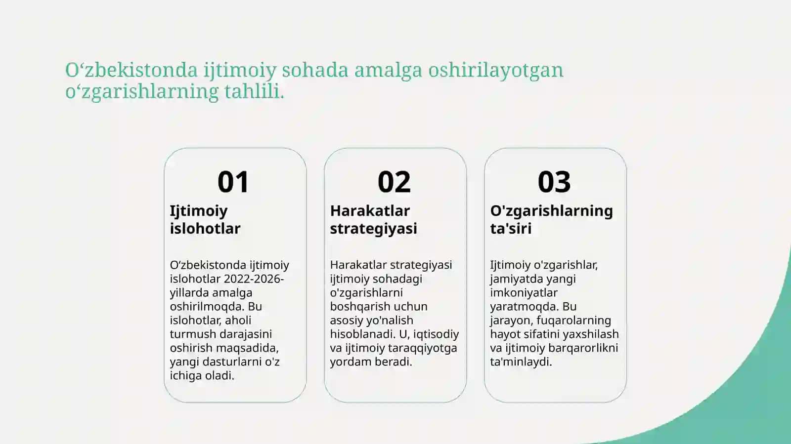 Oʻzbekistonda ijtimoiy sohada amalga oshirilayotgan oʻzgarishlar mazmun va mohiyati 3