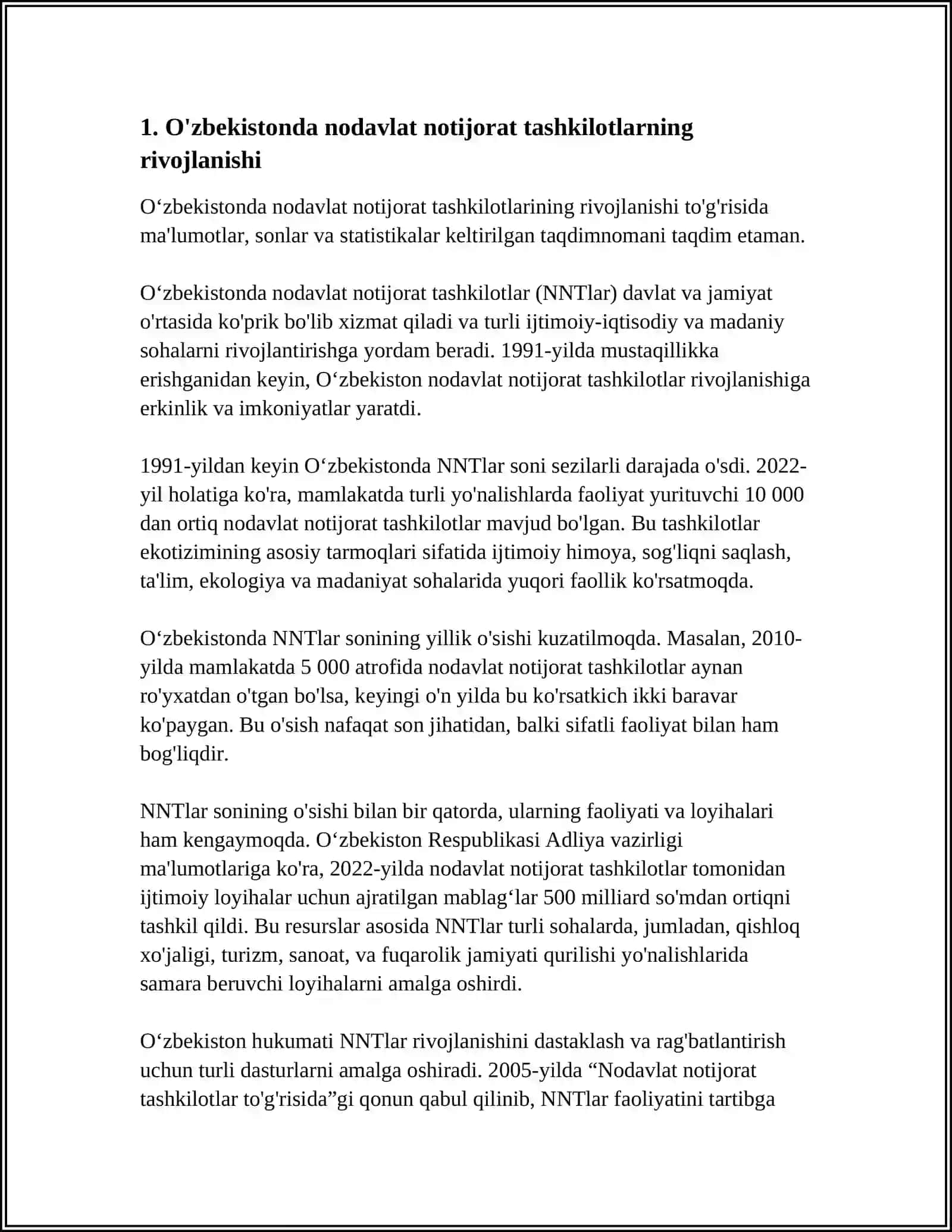 Oʻzbekistonda Nodavlat-Notijorat Tashkilotlar va Ularning Siyosiy Ijtimoiy Hamda Iqtisodiy Jarayonlardagi Ishtiroki 3