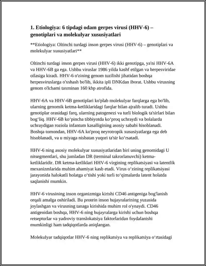 MUSTAQIL ISH Mavzu: 6 TIPDAGI ODAM GERPES VIRUSI QOʻZGʻATGAN INFEKSIYA. ETIOLOGIYA, EPIDEMIOLOGIYA, KLINIKASI, DIAGNOSTIKA, DAVOLASH. 3