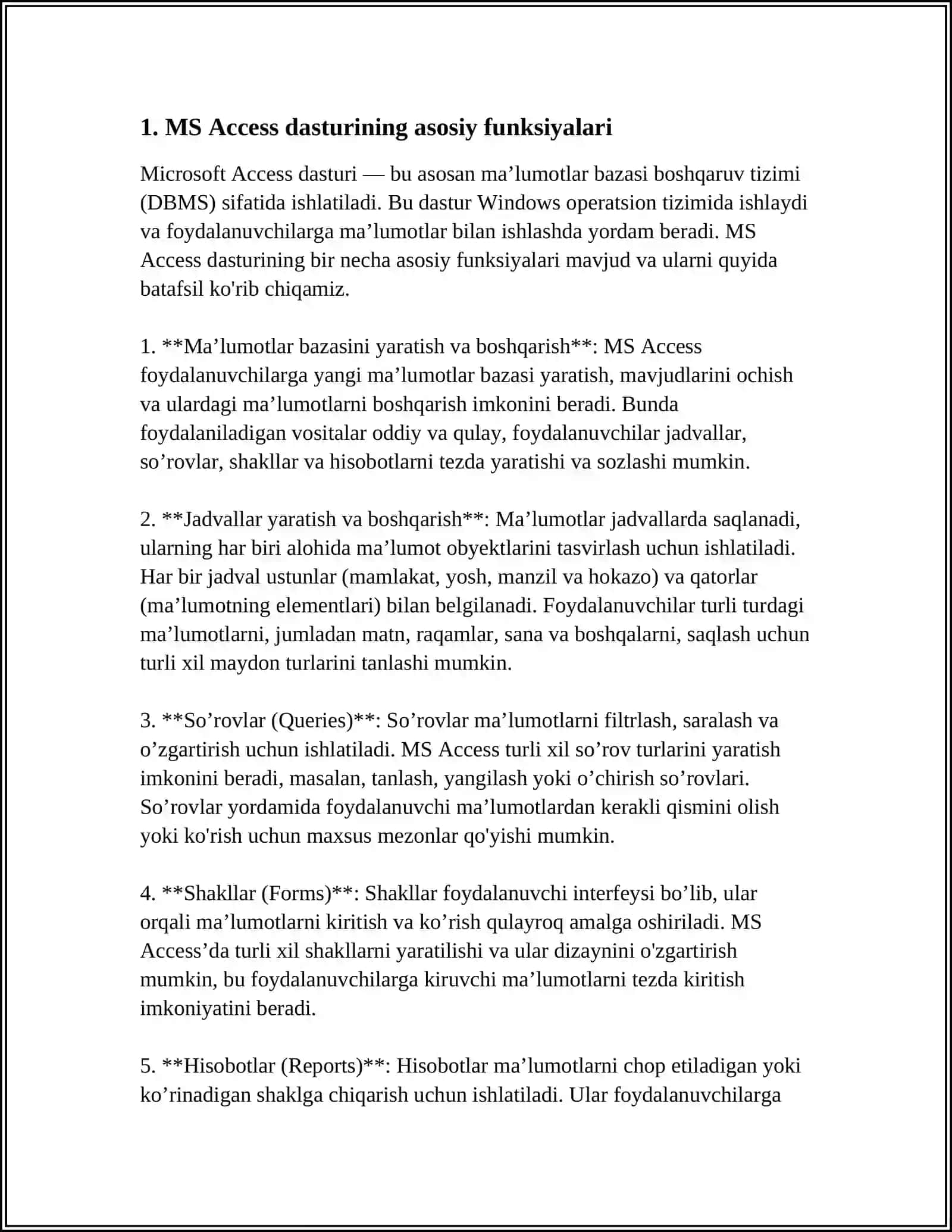 MS ACCESS DASTURIDA MA'LUMOTLAR OMBORI BILAN ISHLASH 3