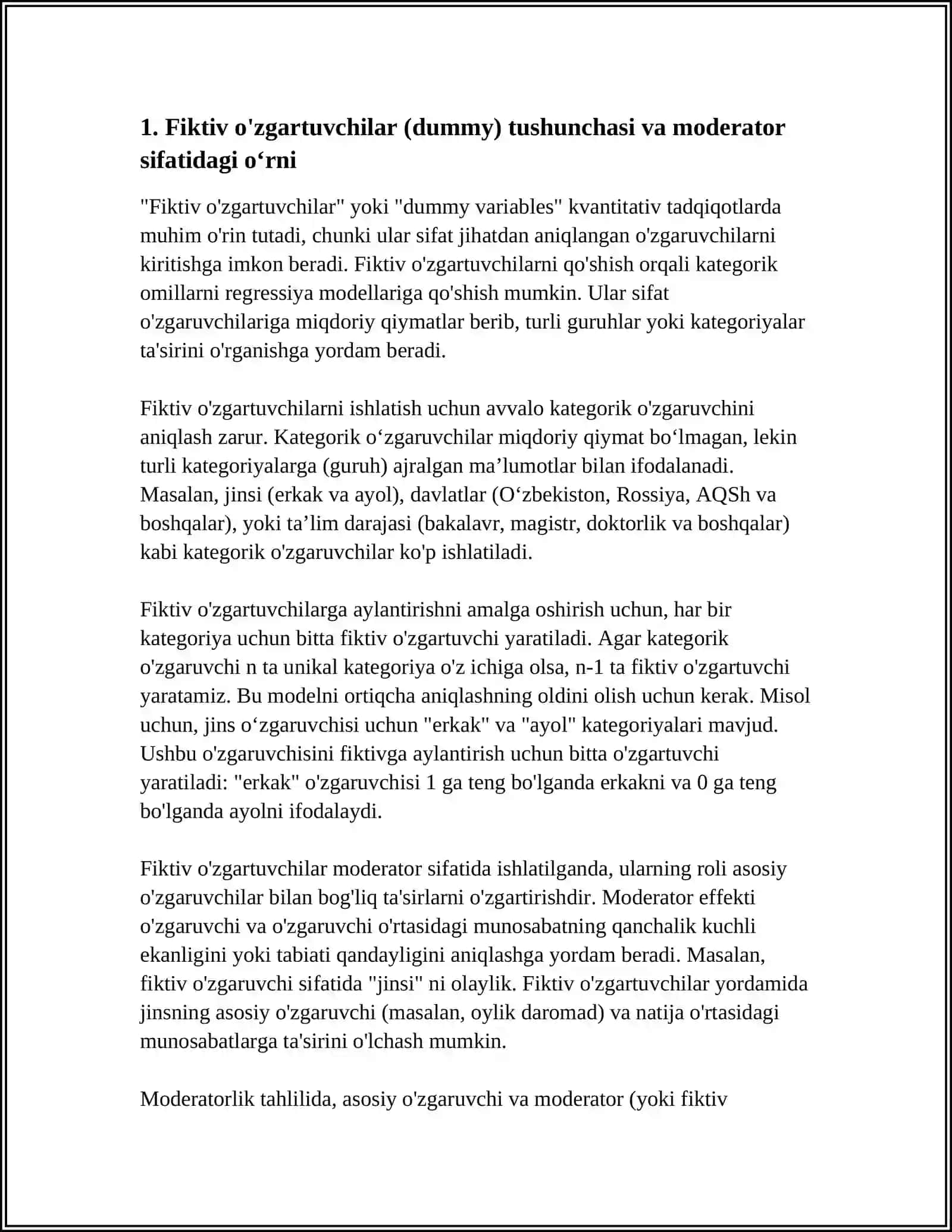 FIKTIV O'ZGARUVCHILARNI O'ZGARUVCHI OMIL SIFATIDA FOYDALANISH 3