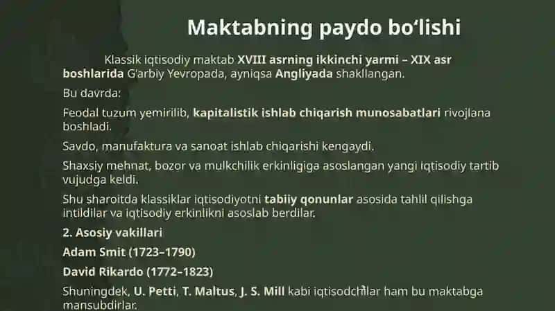 Klassik Iqtisodiy maktabning to'lashakllanishi 3