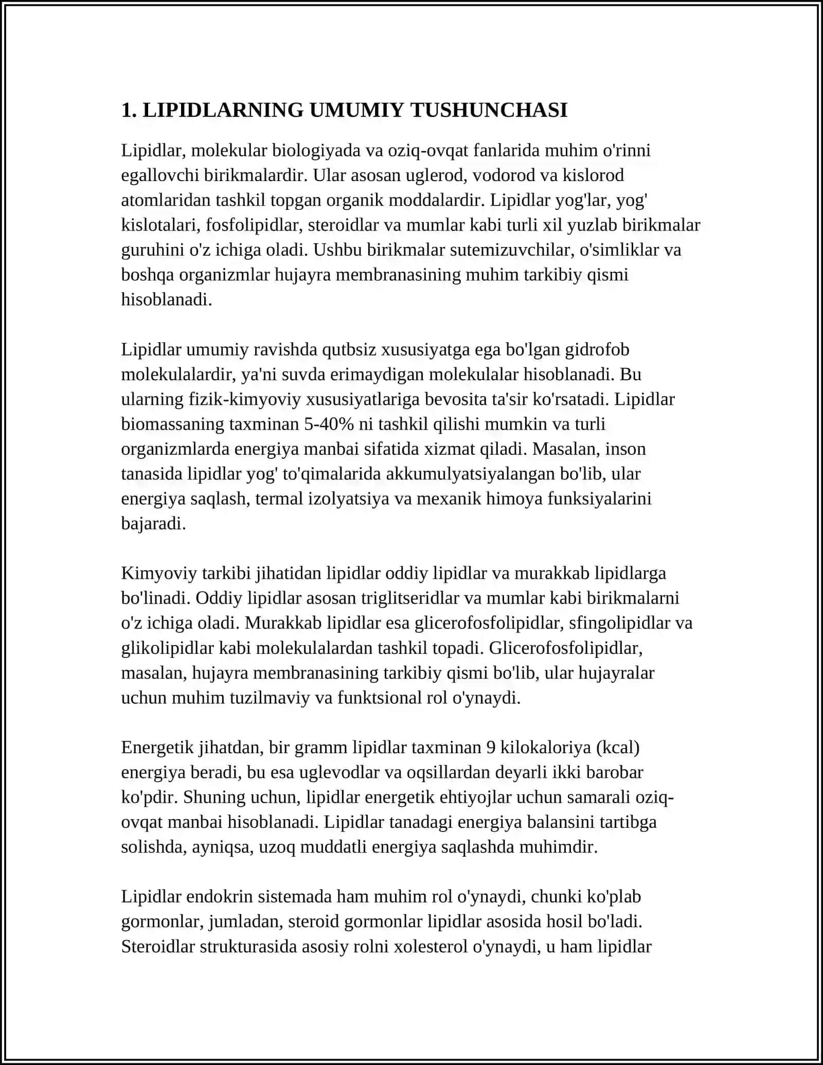 LIPIDLAR. SOVUNLANMAYDIGAN LIPIDLAR. TERPENLAR VA STEROIDLAR TUZILISHI VA XOSSALARI 3