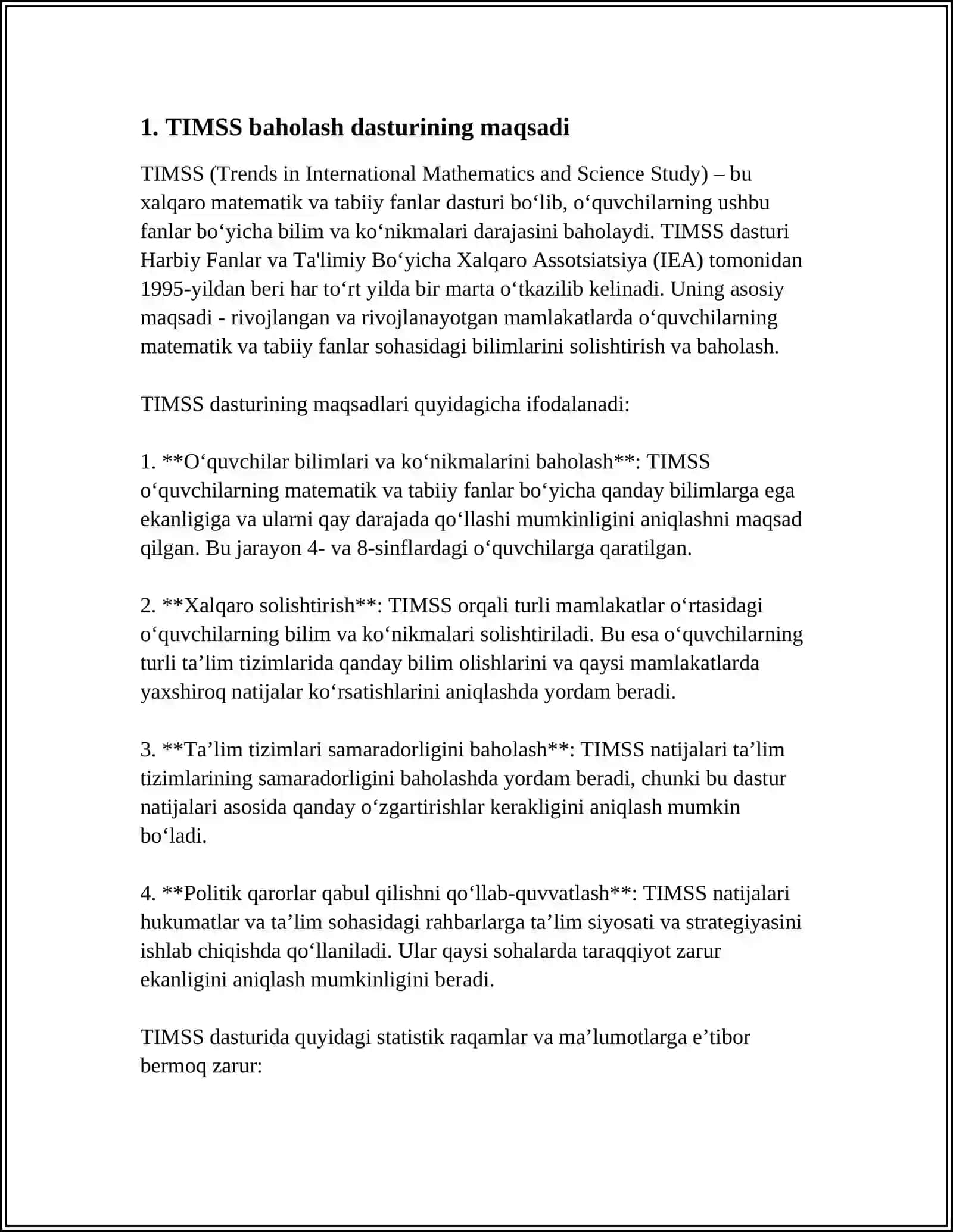 TIMSS BAHOLASH DASTURINING MAQSADI, YO‘NALISHLARI, MAZMUN SOHALARI, KOGNITIV SOHALAR 3