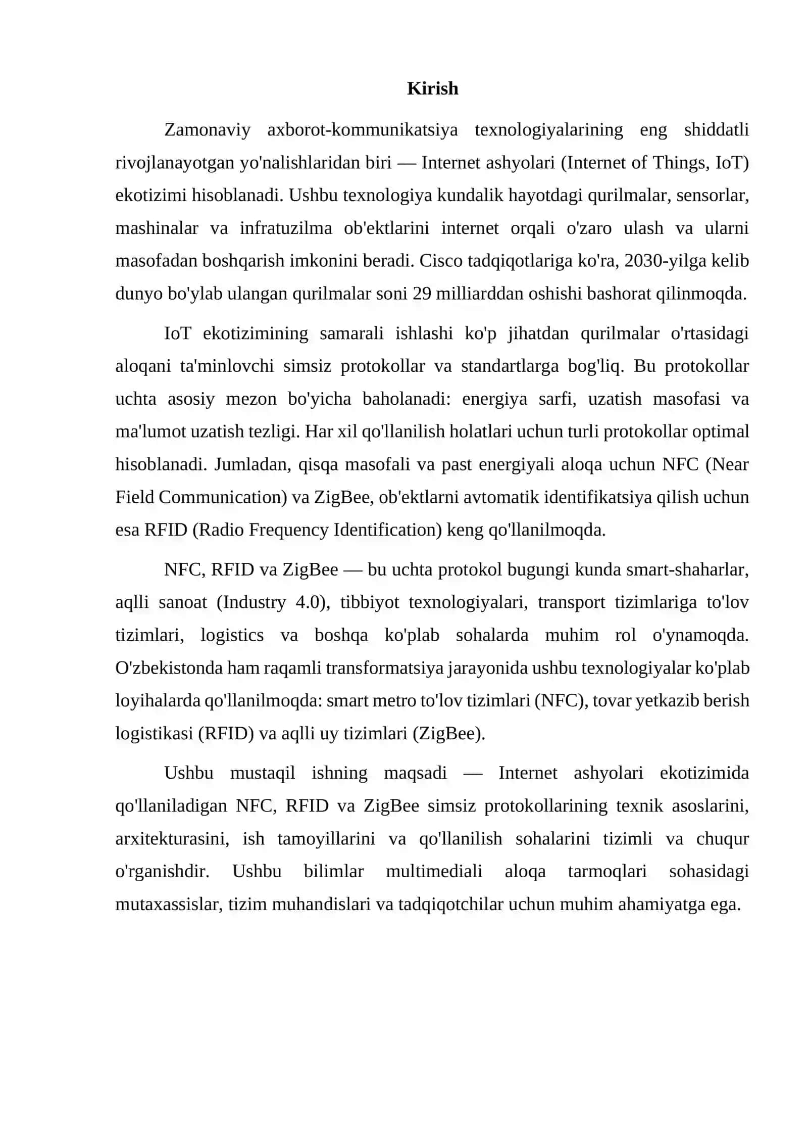 Internet ashyolarining standartlari. NFC, RFID, ZigBee protokollarining tuzilishi va ish tamoyillari 3