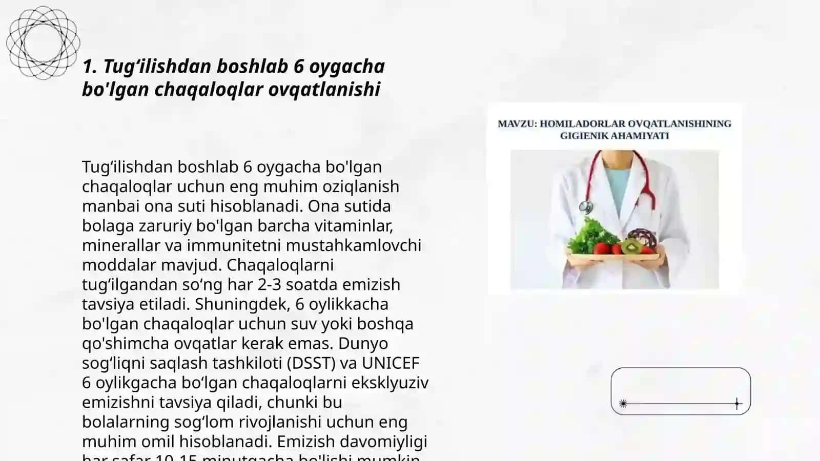 Turli yosh davirlarda bolalar ovqatlanishining oʻziga xosligi ovqatlanish gigenasi 3