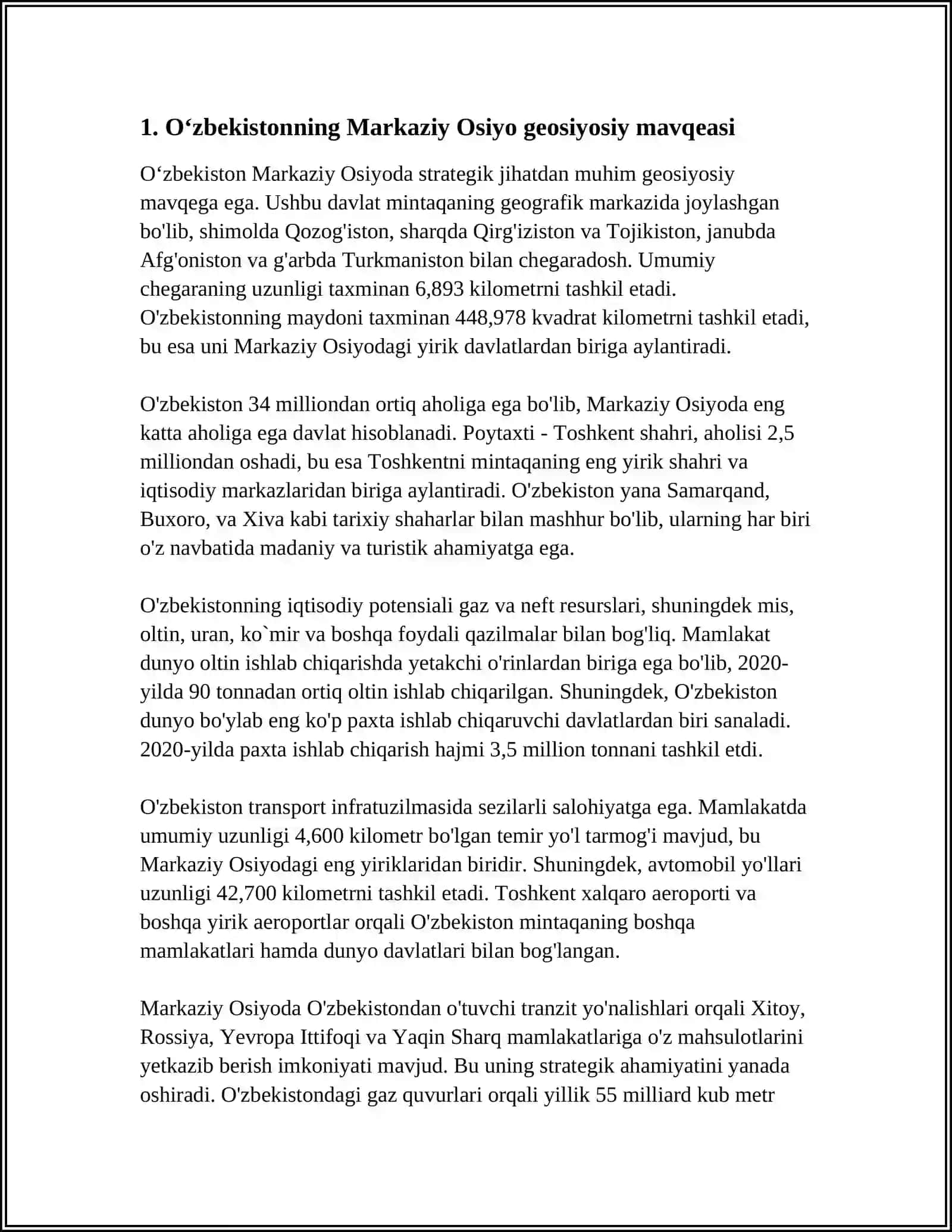 OʻZBEKISTONNING MARKAZIY OSIYODA TINCHLIK VA BARQARORLIKNI TA'MINLASHDAGI OʻRNI 3