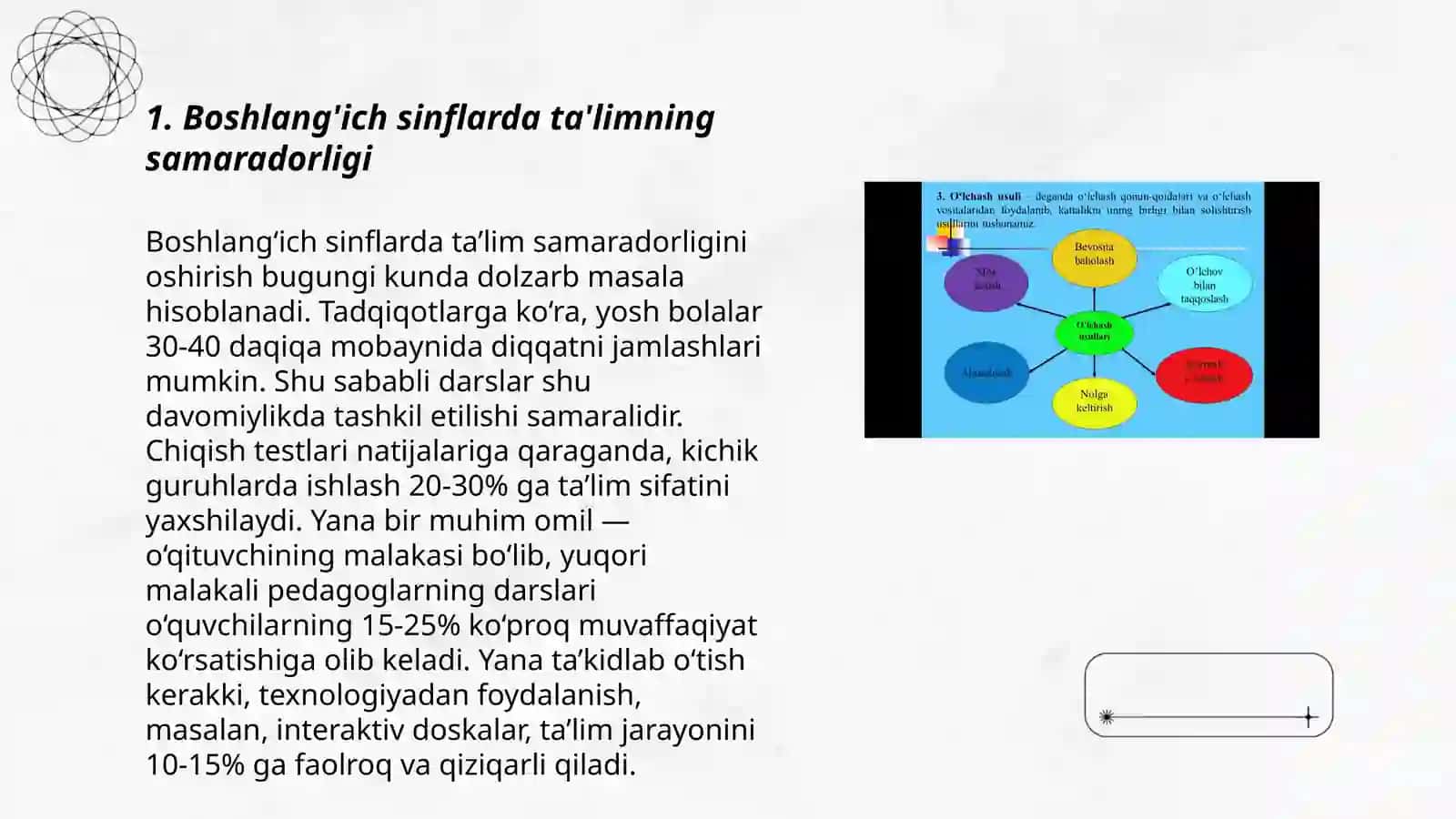 Boshlang'ich sinflarda darslarni tashkil etish, didaktik materiallarni taqdim etish va ulardan foydalanish 3