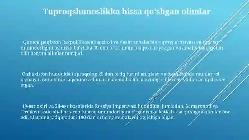 Tuproqlarni tadqiq etishga hissa qoʻshgan olimlar haqida prezintatsiya tayyorlash 3