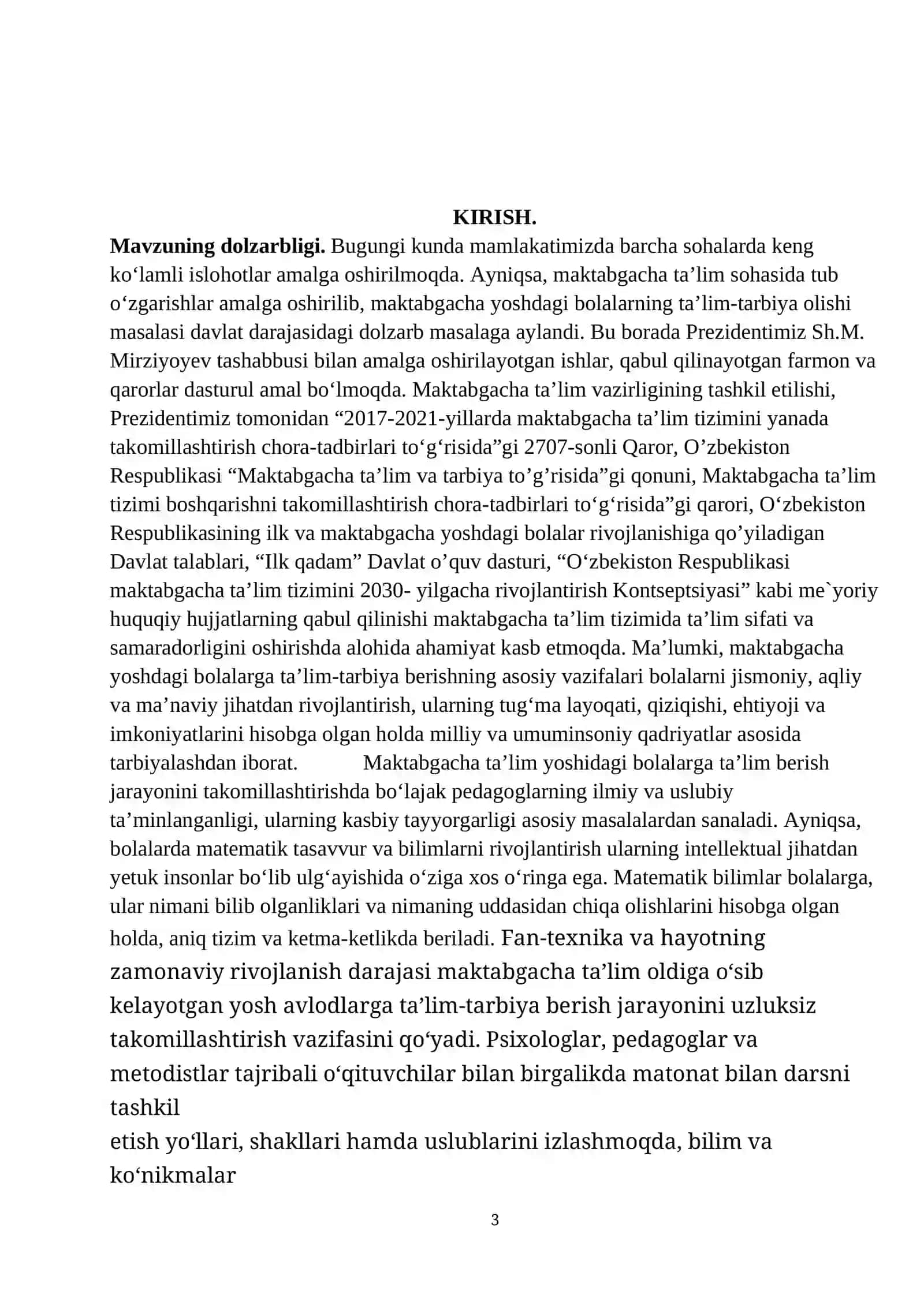 Kirish. Maktabgacha ta’lim tashkilotlarida matematik tasavvurlarni shakllantirish yuzasidan metodik ishlarning mazmuni 3